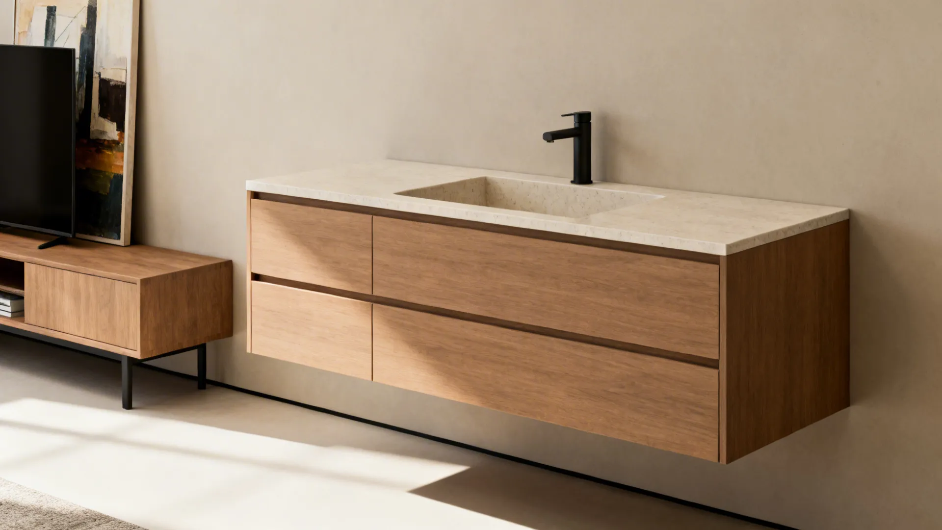 Wall-hung minimal console with shallow basin and hidden drawers in a modern living room.