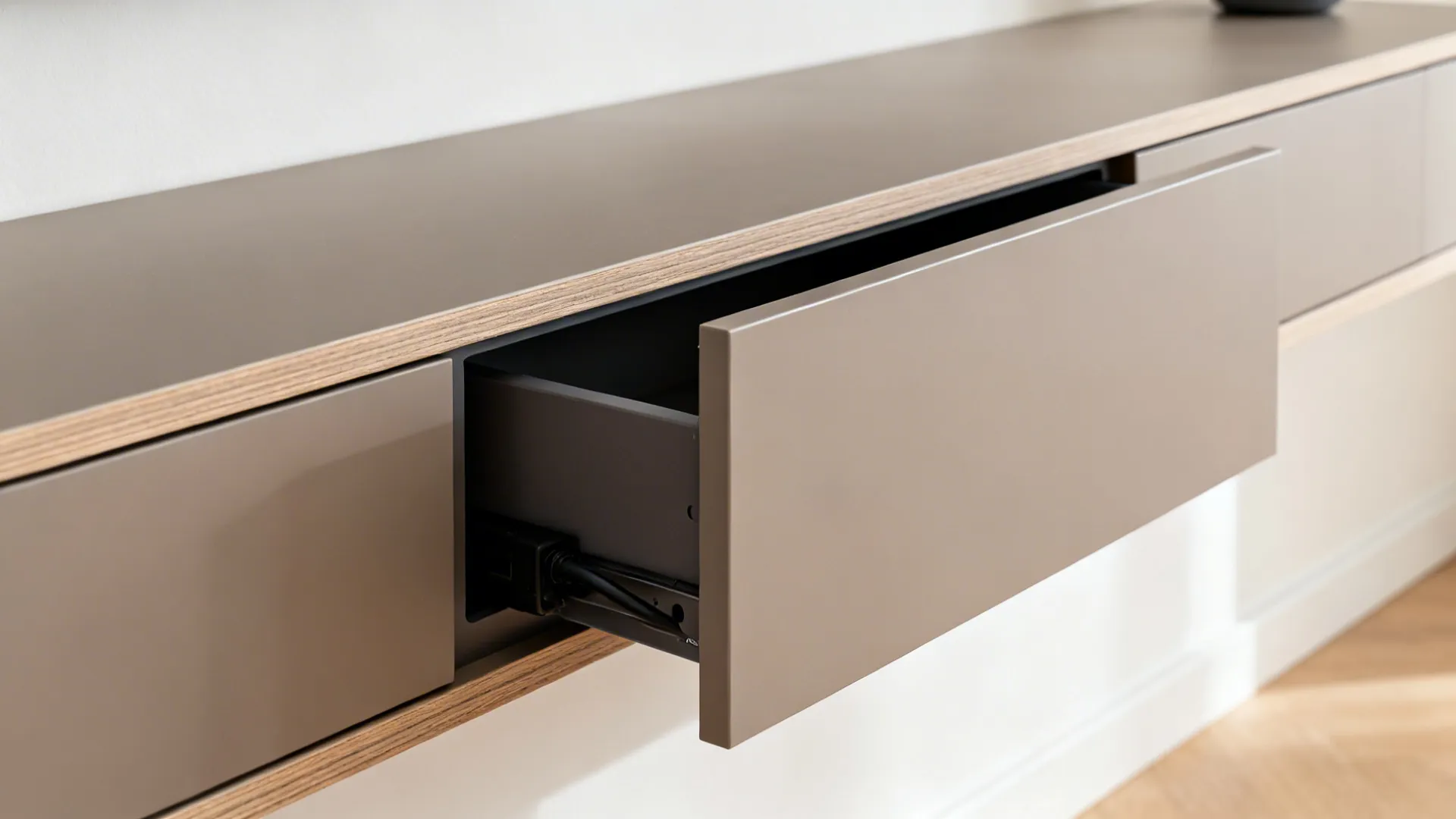 Close up of an open grey drawer on a modern wood trimmed cabinet with power cables
