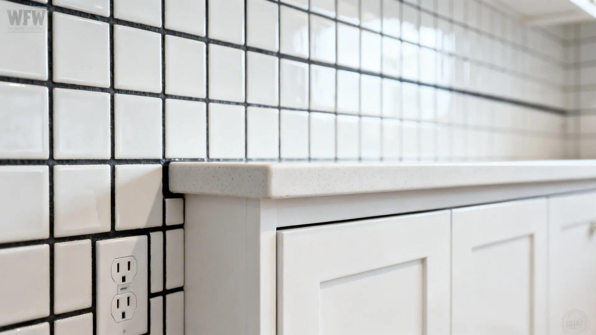 Macro of white 1x1 mosaic backsplash with charcoal grout sharpening cabinet lines.