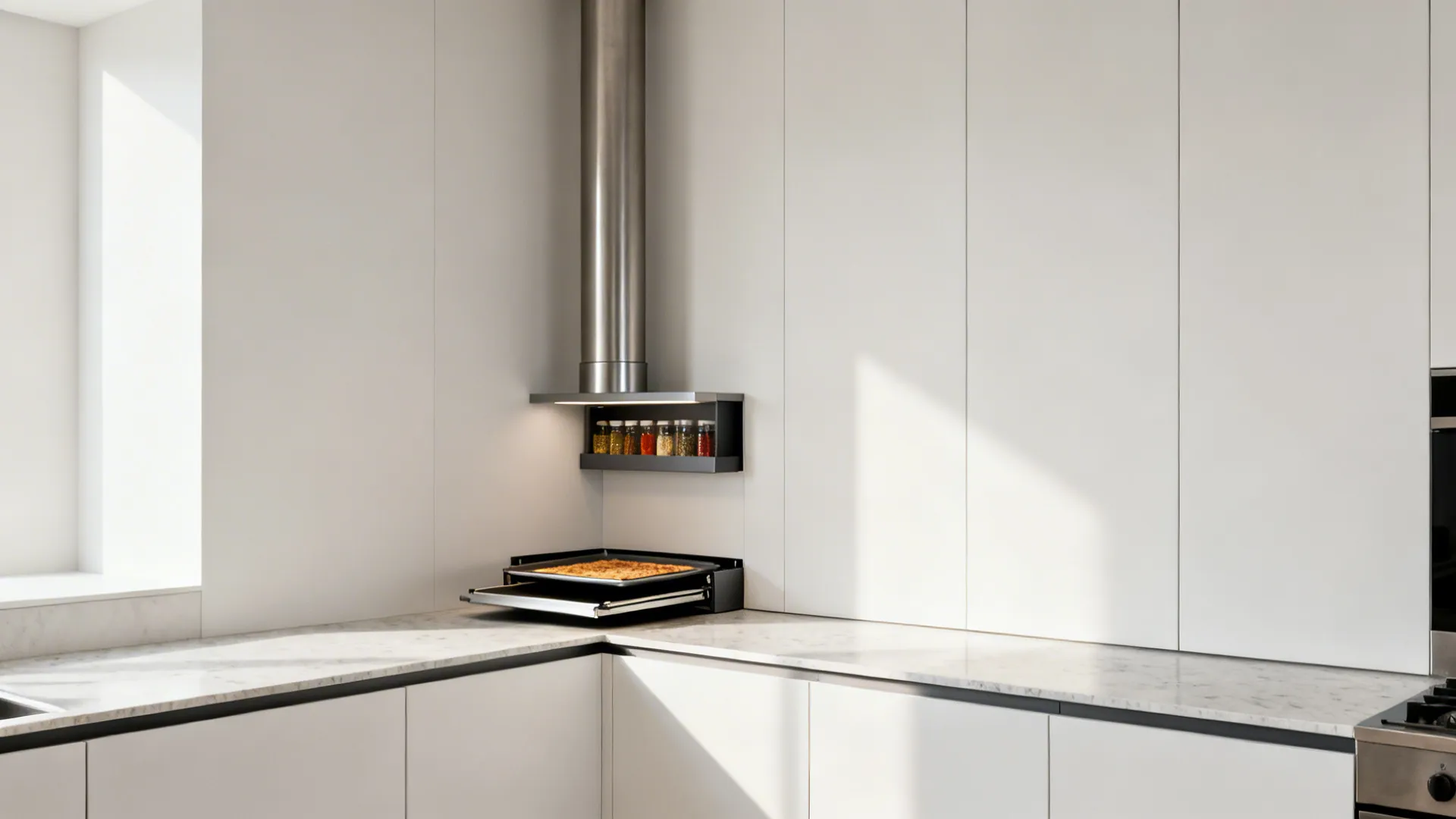 Minimalist white kitchen with marble countertop, silver vent pipe, small spice rack, and clean cabinets