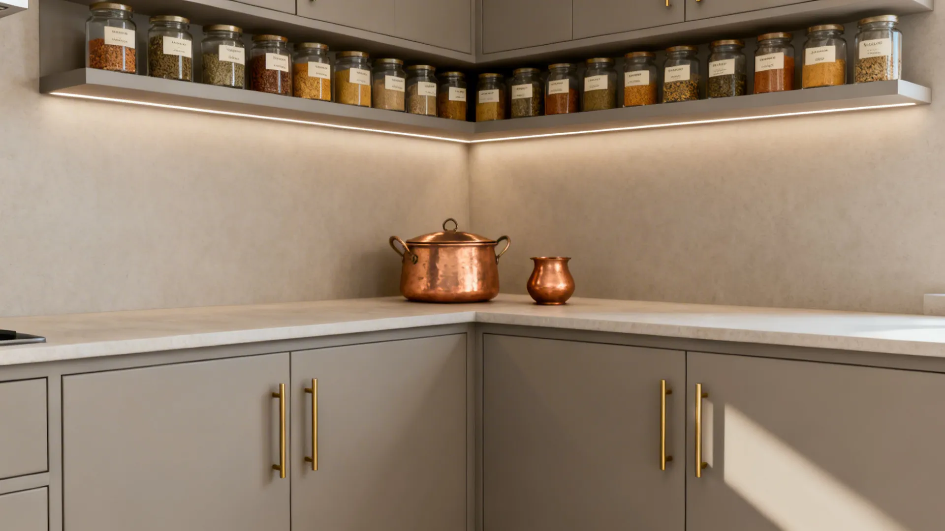 Minimalist kitchen corner with grey cabinets gold handles copper pots and spice jars on shelves