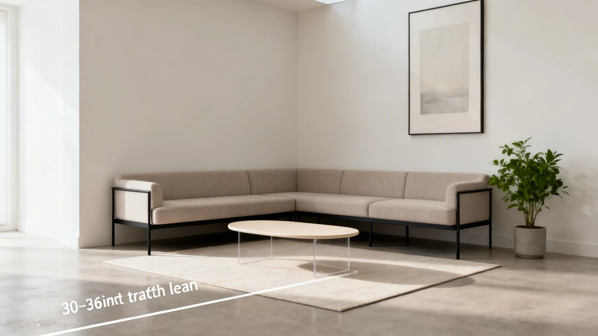 Large corner sofa with black metal frame oval coffee table beige rug and green plant