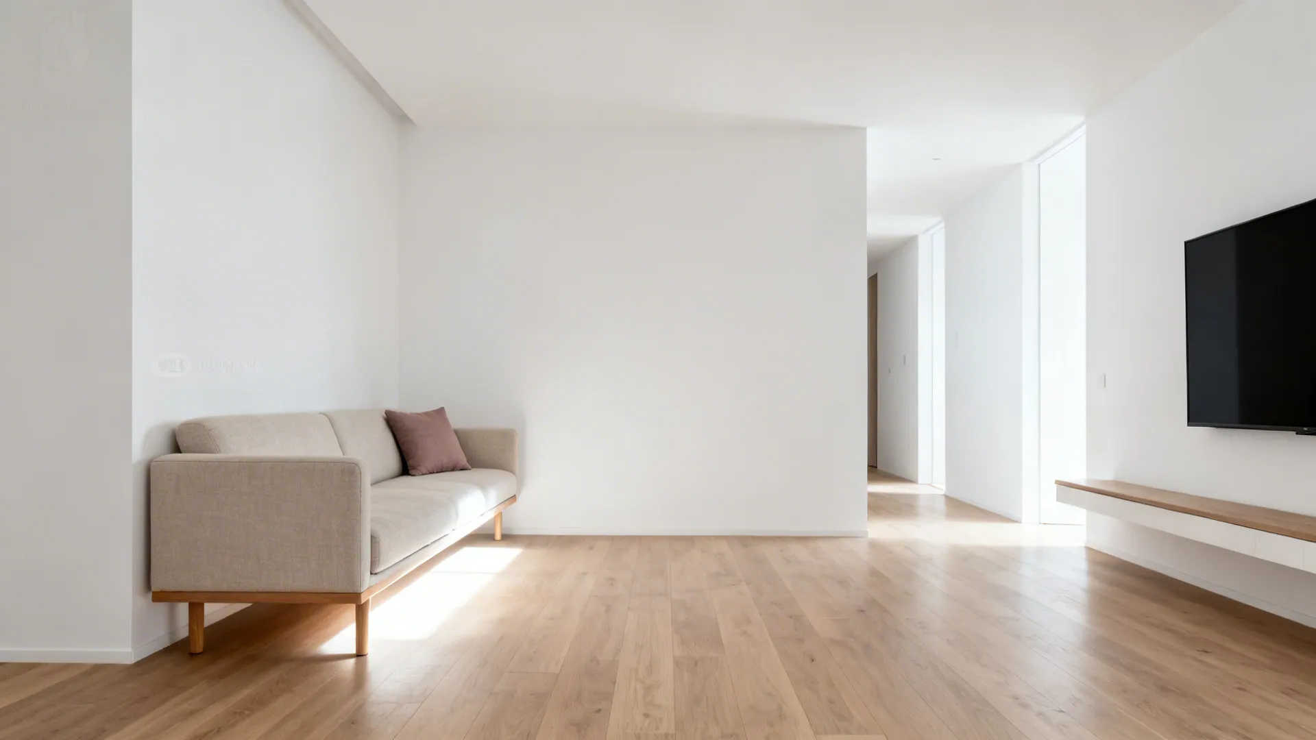 Minimalist corner L-shaped sofa with slim arms and raised legs in a bright small room.