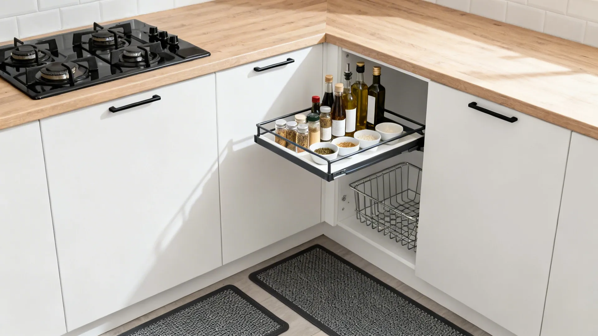 Slim corner pull-out trays with spices and oils extended beside a modern cooktop in a minimalist kitchen.