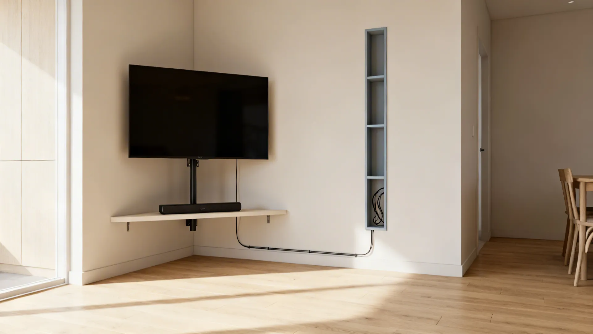 Black television mounted in corner above floating light wood shelf with soundbar and wall niche