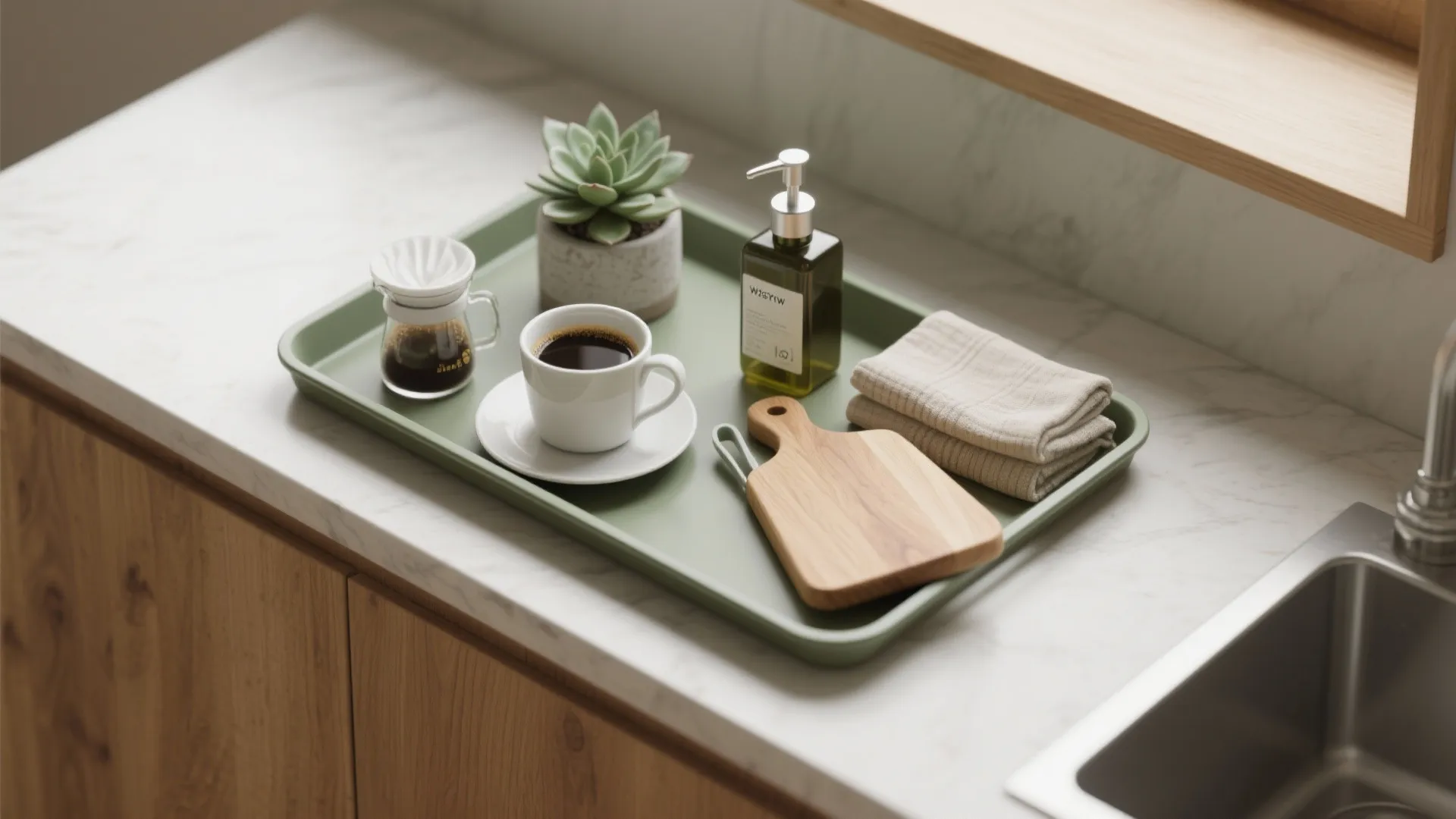 Green tray on kitchen counter with coffee cup small plant soap bottle and wooden board
