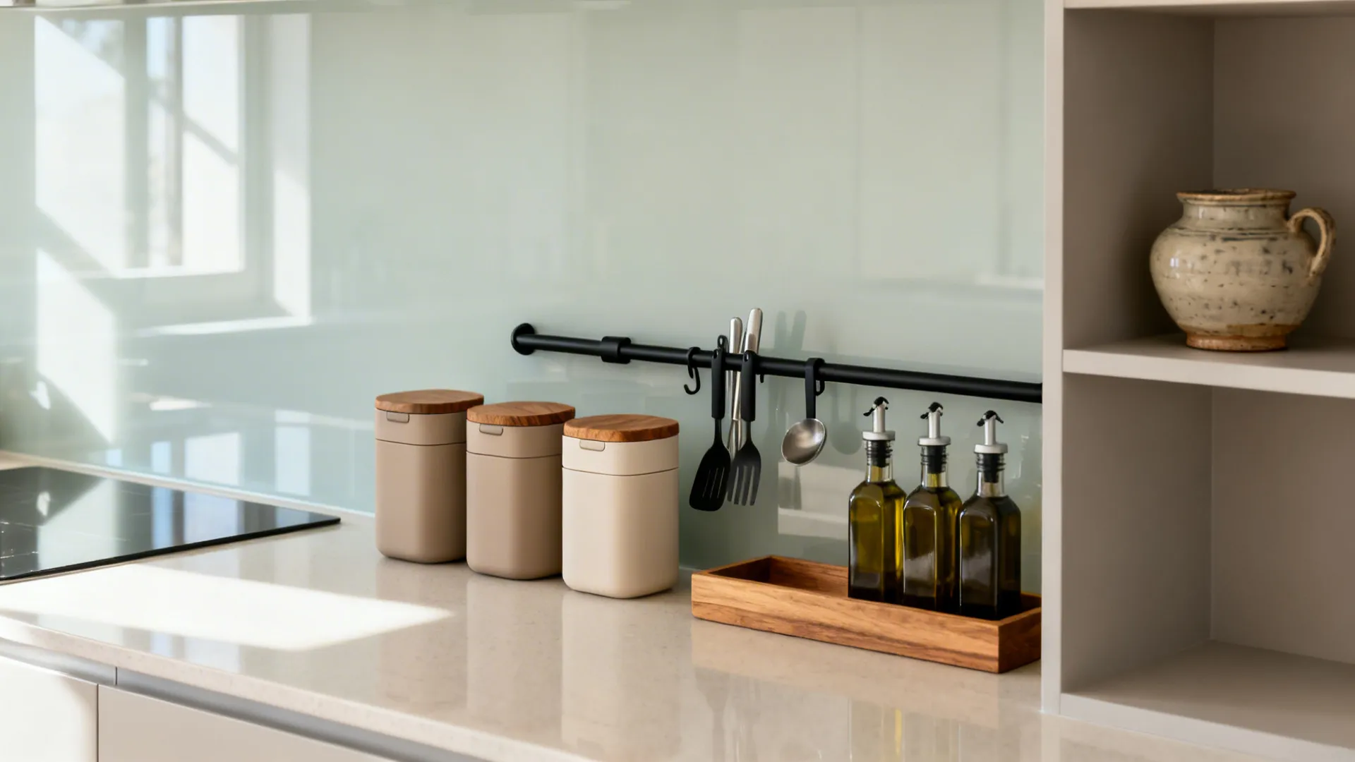 Modern kitchen counter with beige storage jars oil bottles and hanging tools on black wall rail