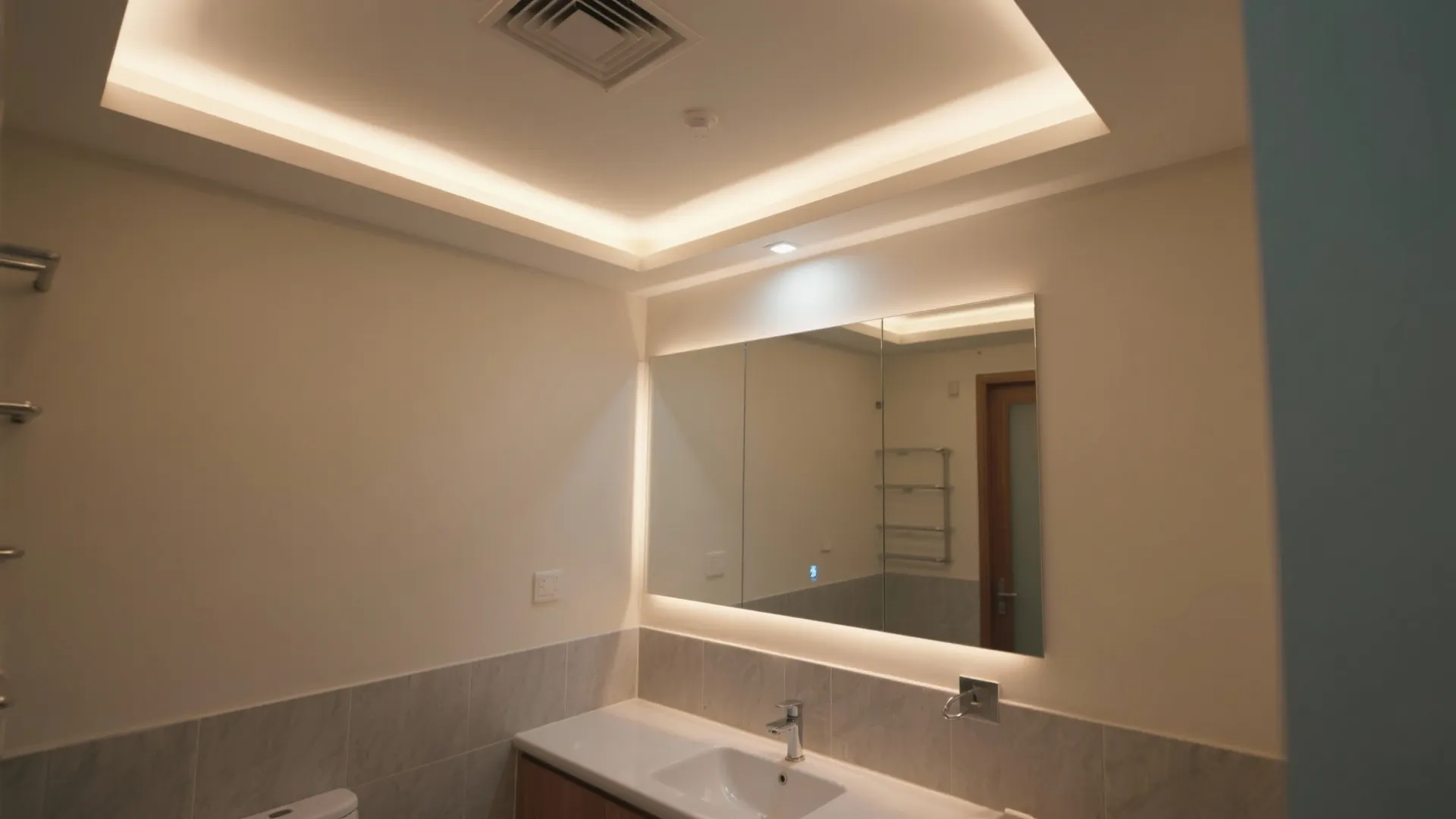 Minimalist bathroom interior featuring white walls and a large mirror with warm hidden light strips