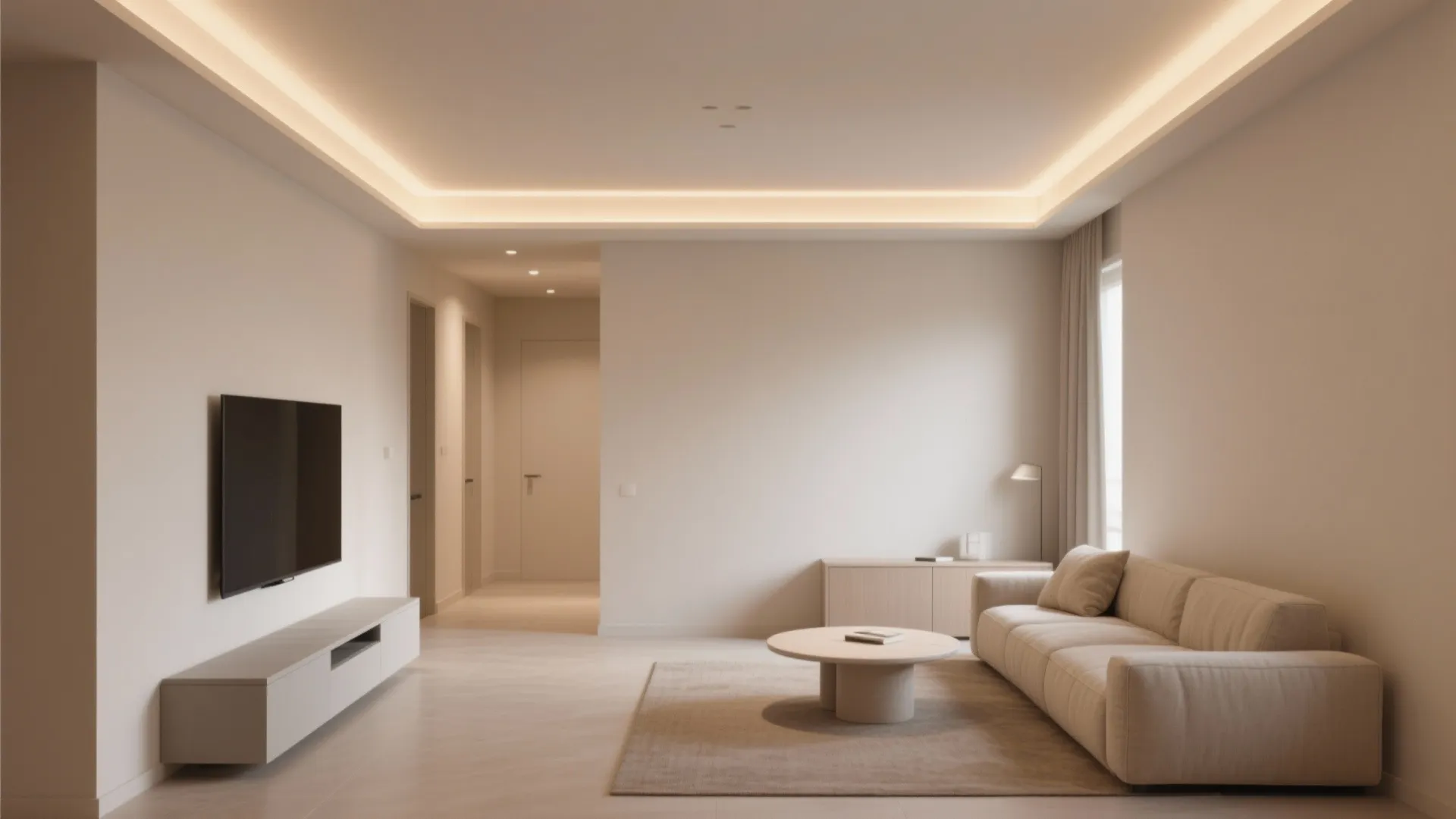 Minimalist living room with beige sofa coffee table television cabinet and soft warm ceiling lighting