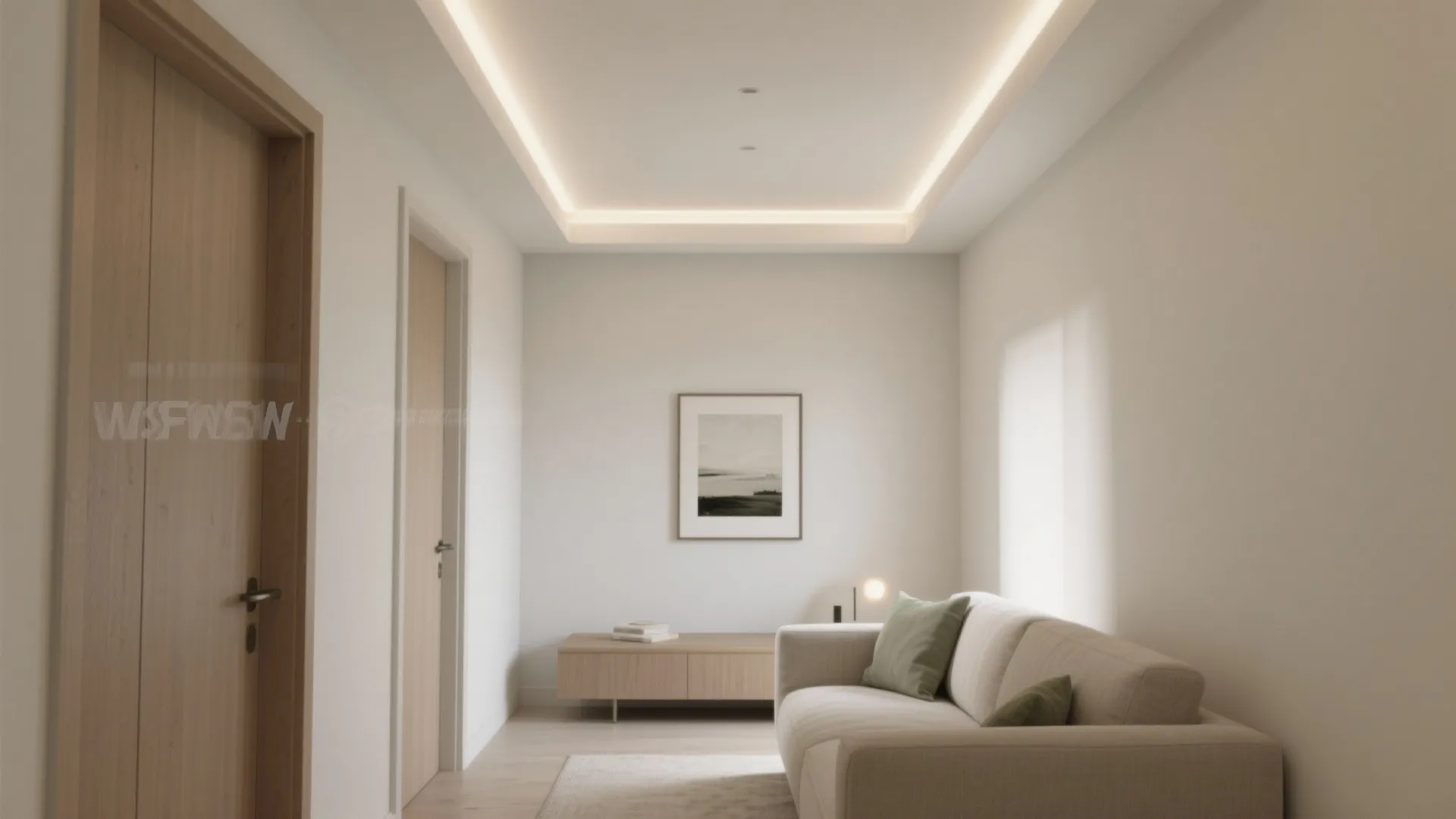 Minimalist living room with beige sofa, wooden cabinet, framed art, and soft recessed ceiling lights