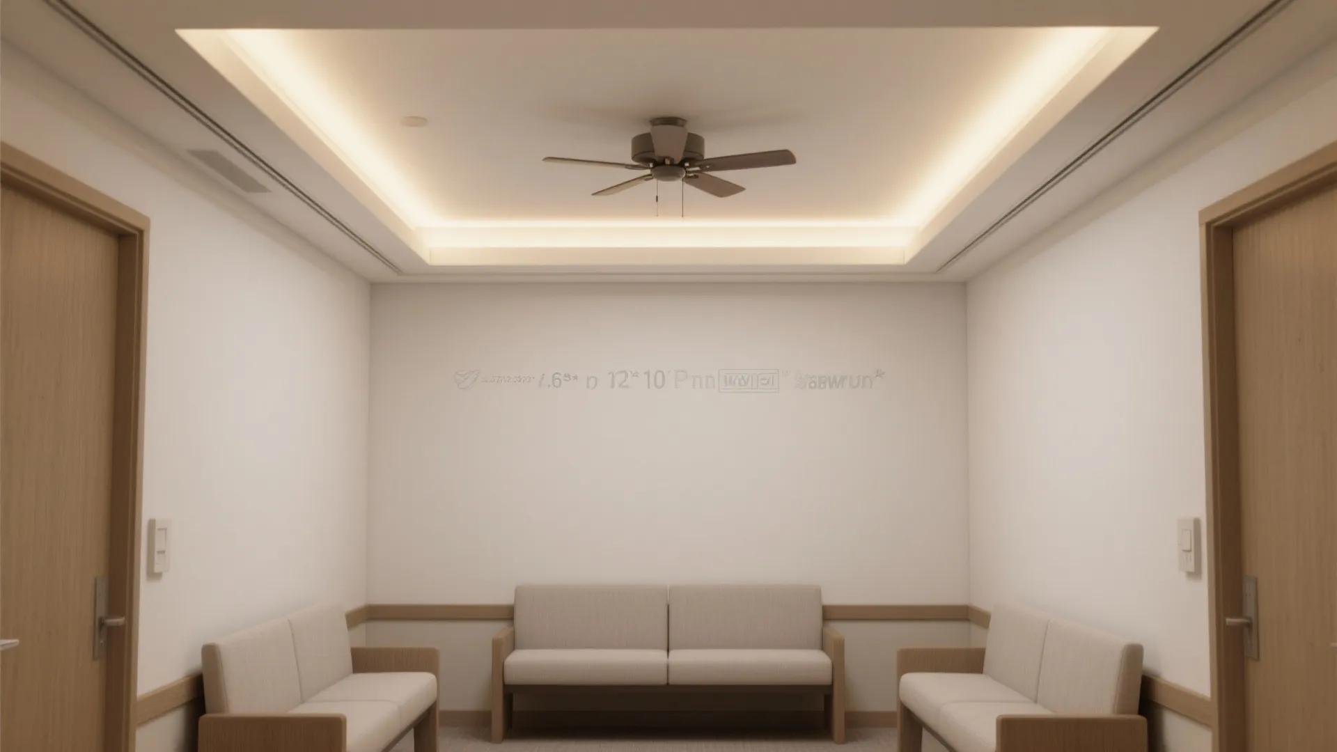 Minimalist room with three sofas, white walls, wooden doors, ceiling fan, and recessed ceiling light