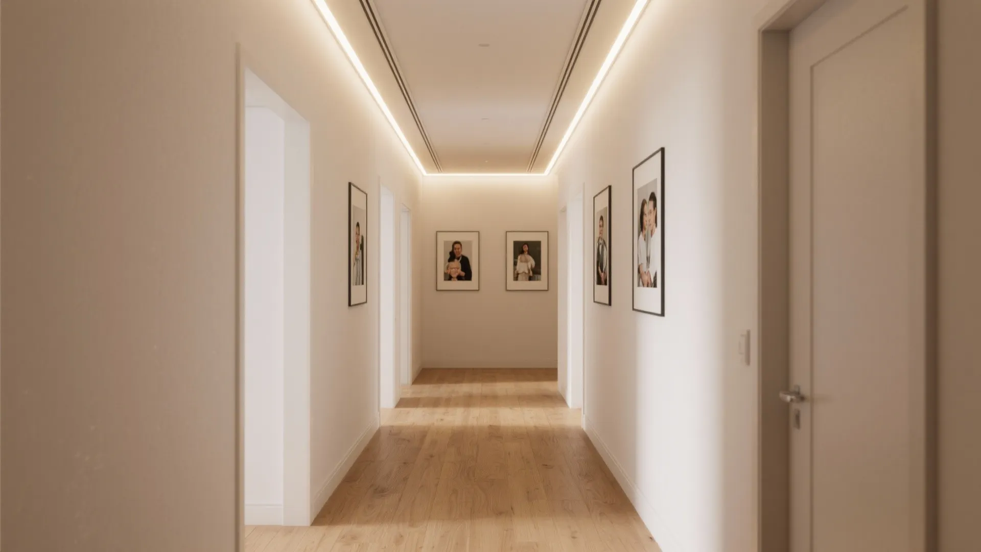 Modern white hallway with recessed ceiling light strips framed wall photos and light wood flooring