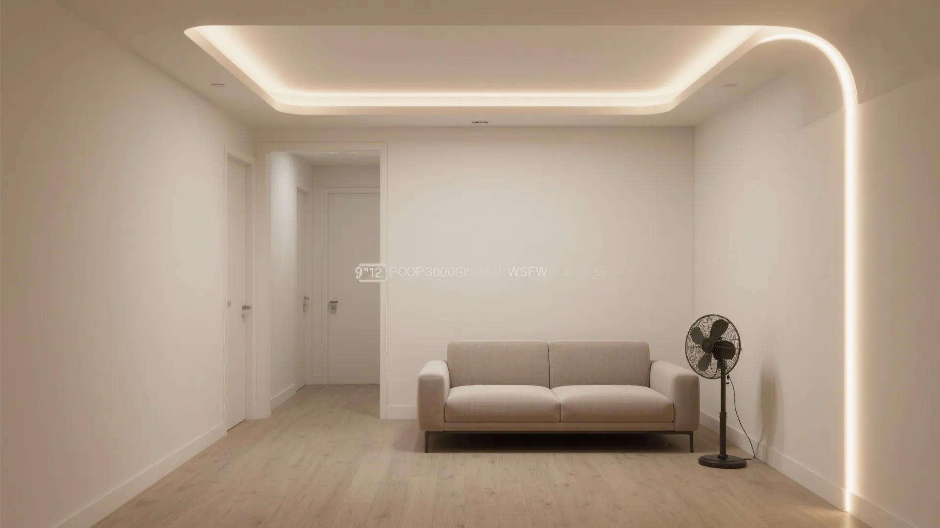 Minimalist living room with beige sofa wood floor standing fan and curved hidden ceiling light