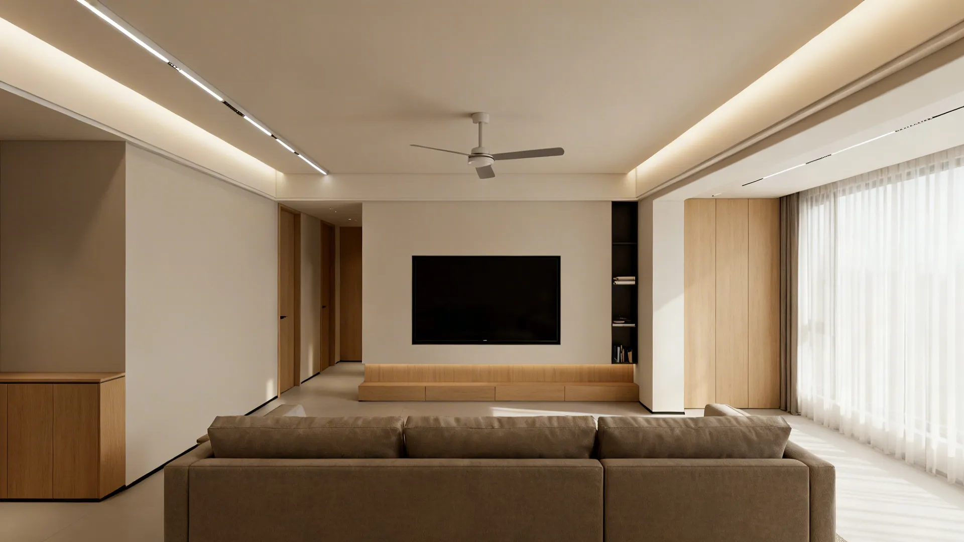 Shallow cove ceiling with tunable LED washing walls in a narrow drawing room.