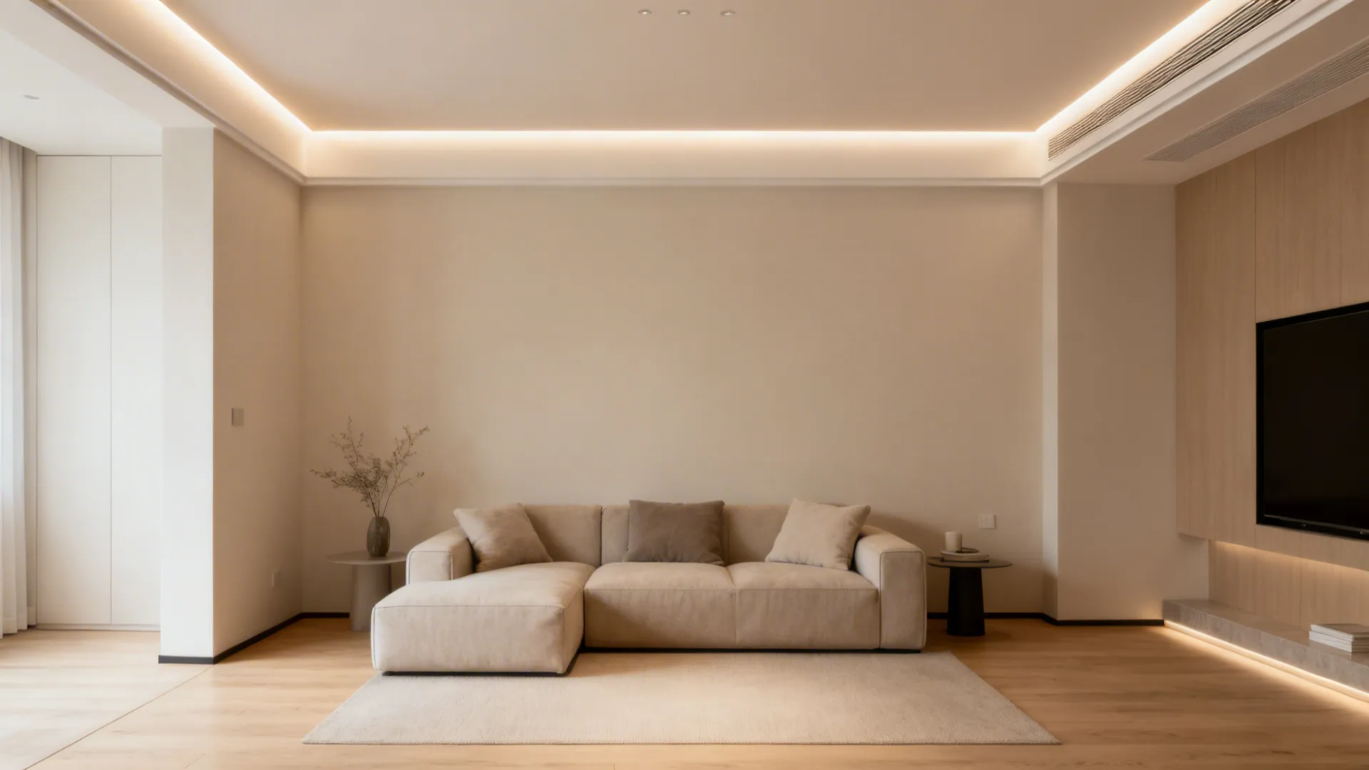 Slim perimeter cove lighting creates a floating ceiling effect in a small drawing room.