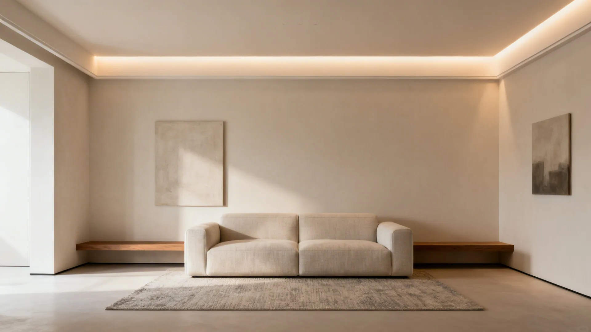Minimal cove perimeter ceiling washing walls with soft indirect light in a small living room.