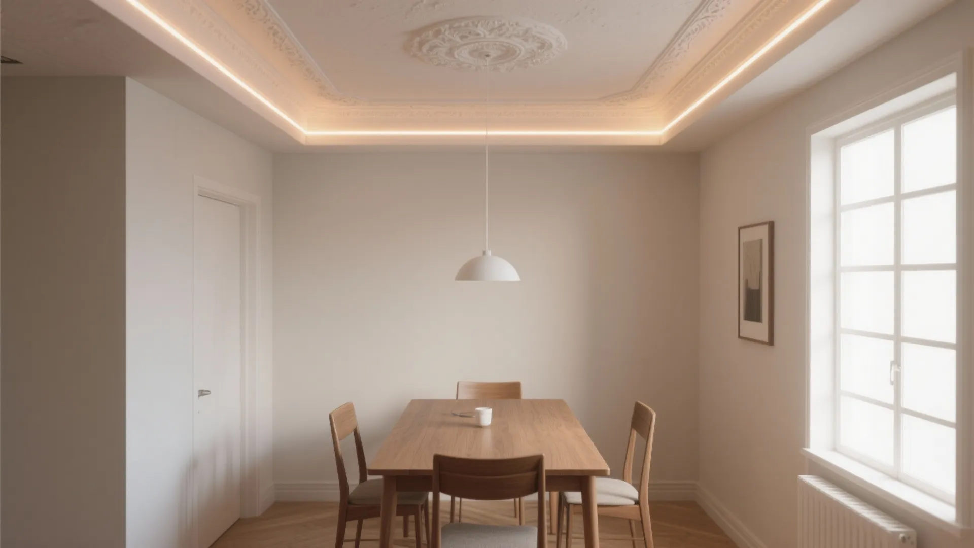Minimalist dining room with wooden table four chairs white ceiling light and hidden ceiling lighting
