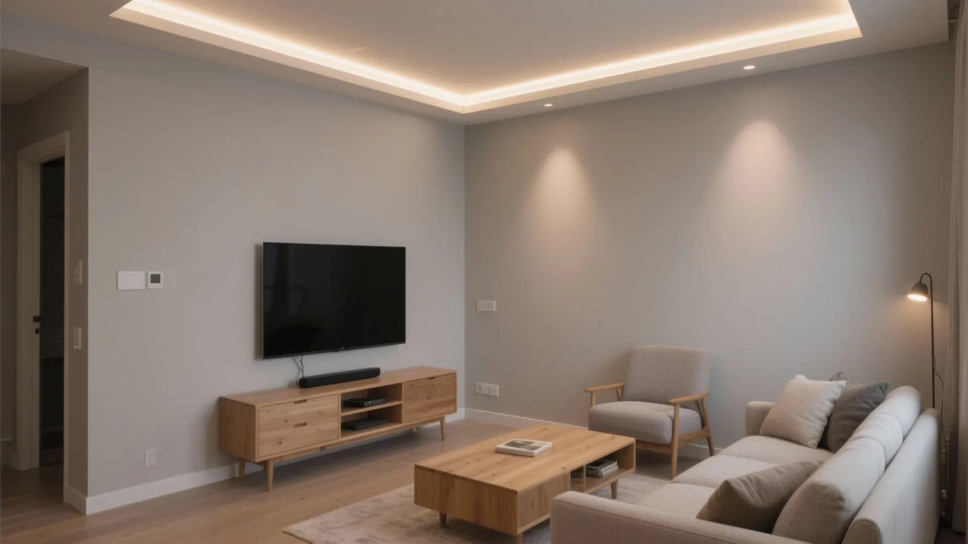 Minimalist living room with grey walls wooden furniture television sofa and bright recessed ceiling light