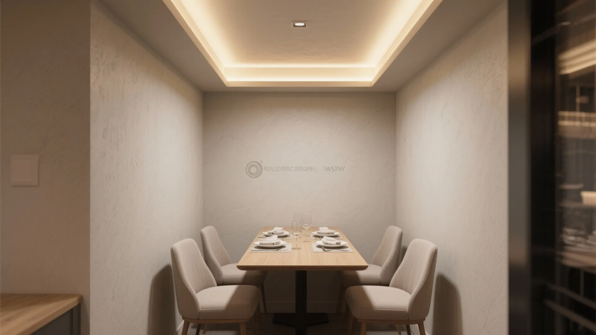Small minimalist dining room with wooden table four chairs and warm light from the white ceiling