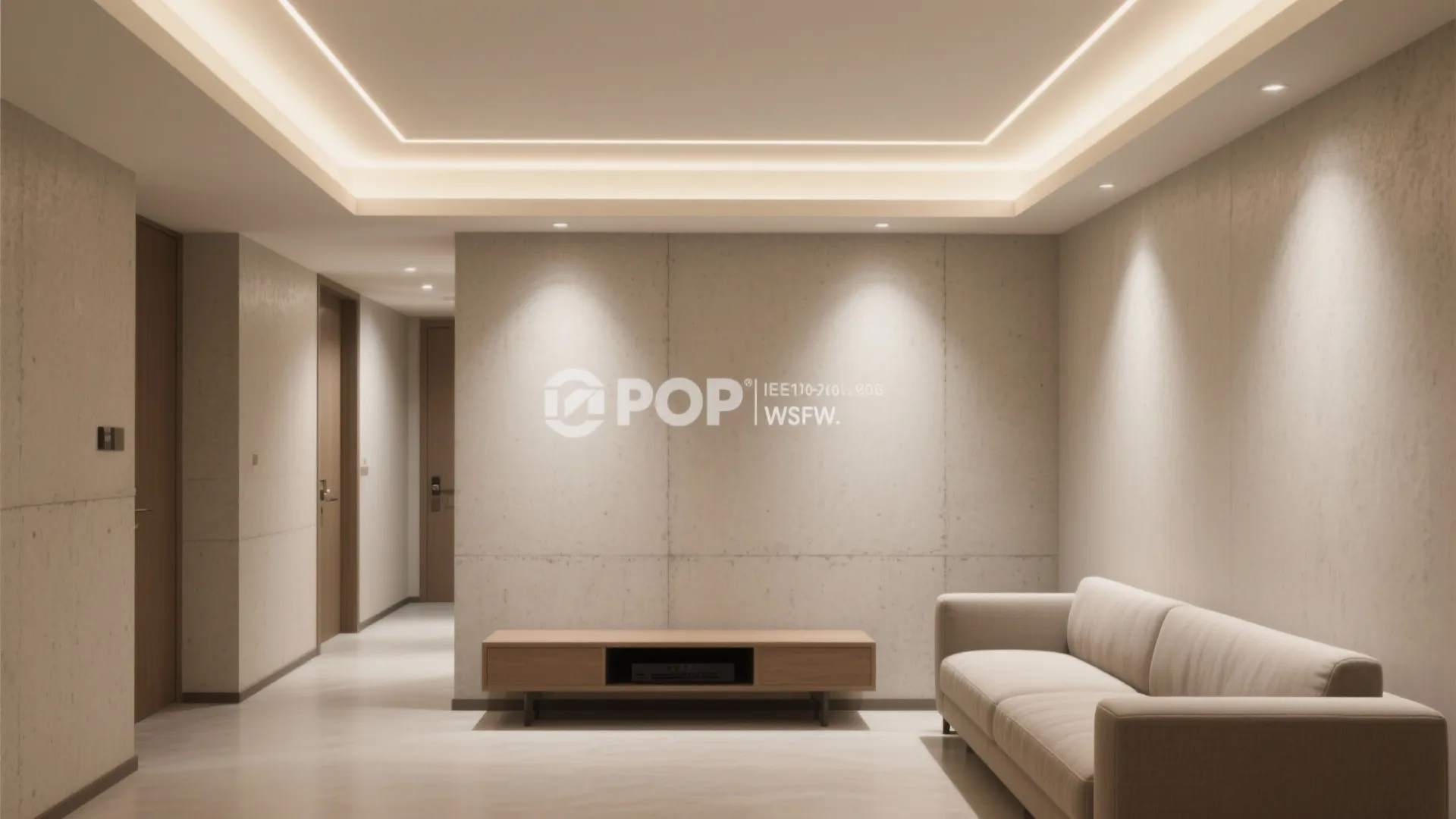 Modern living room with concrete wall wooden cabinet beige sofa and white cove ceiling light