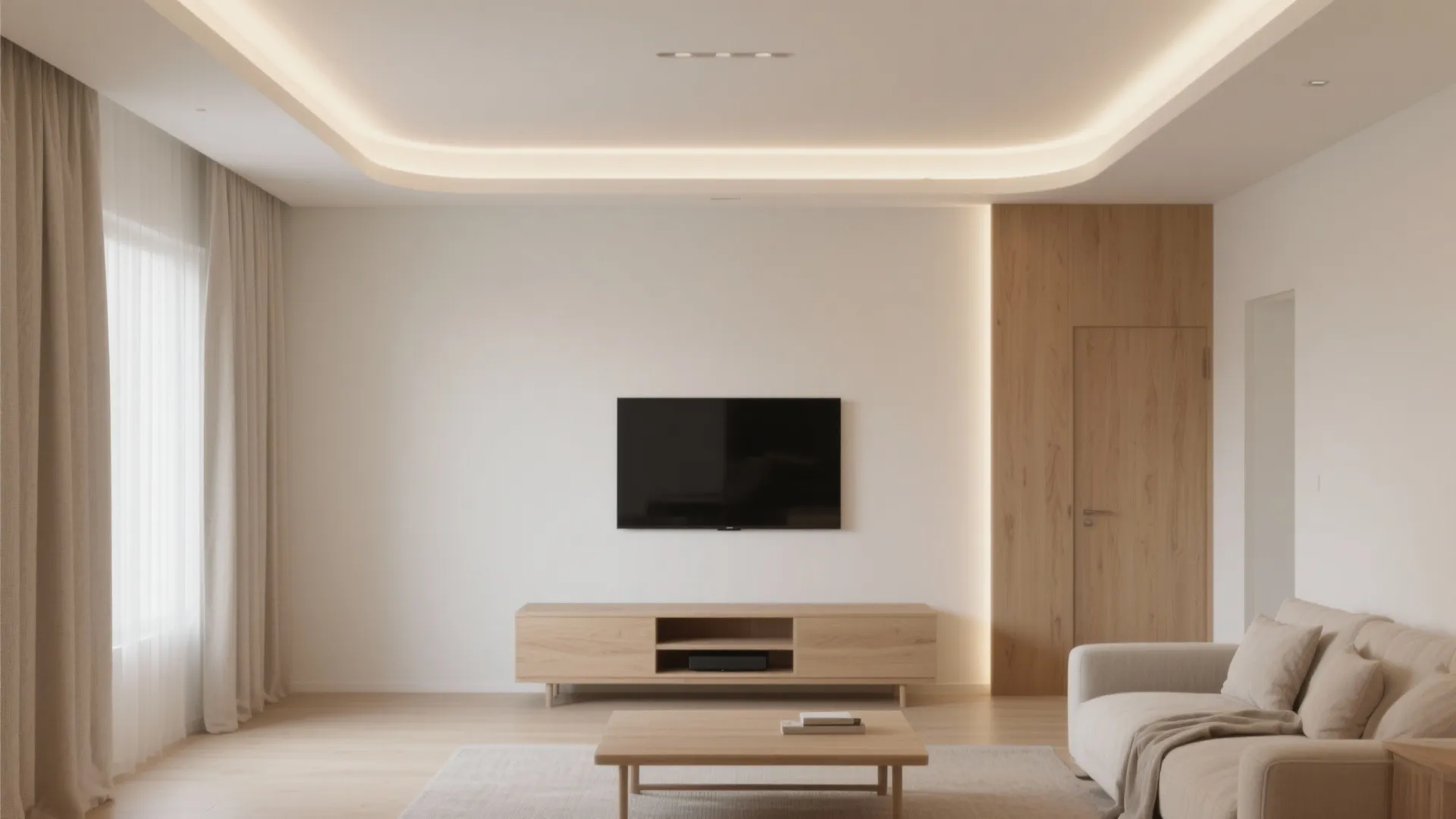 Minimalist living room with warm ceiling light wood cabinet wall panel and soft beige sofa