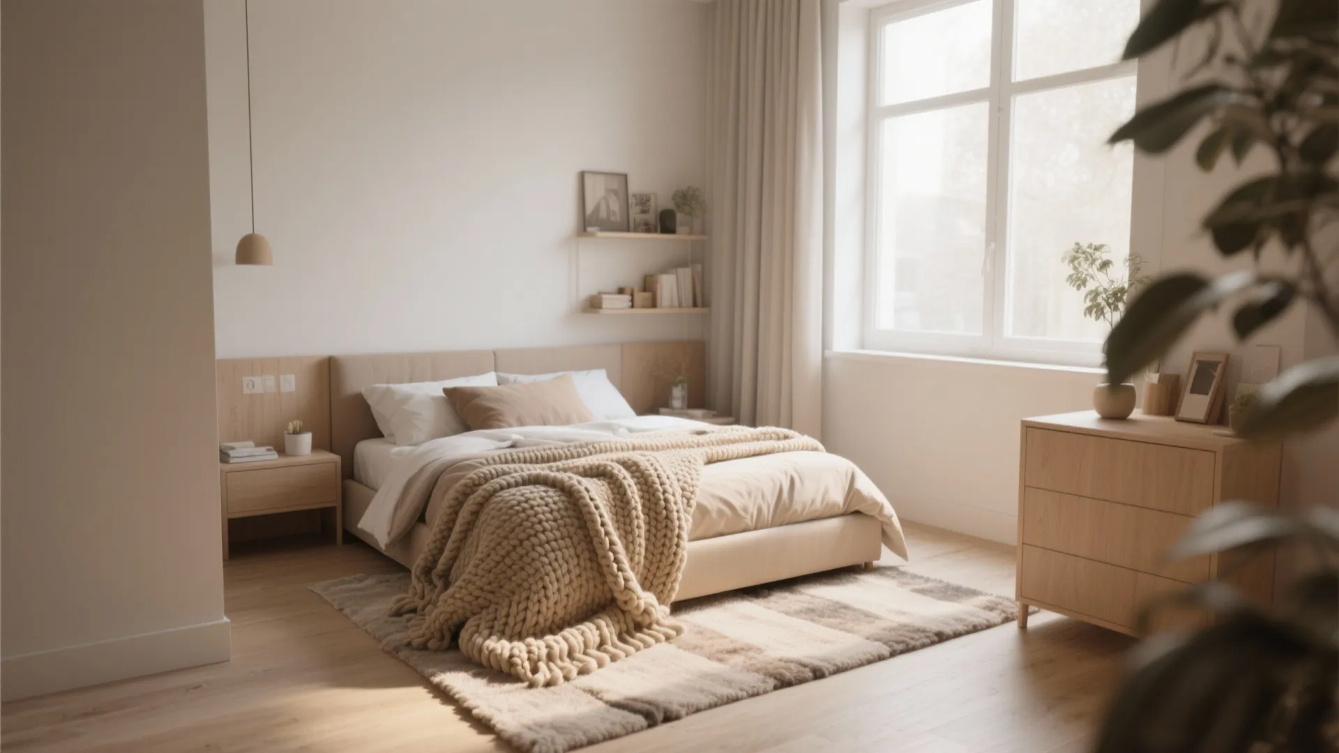 Minimal small bedroom with cozy layered textiles