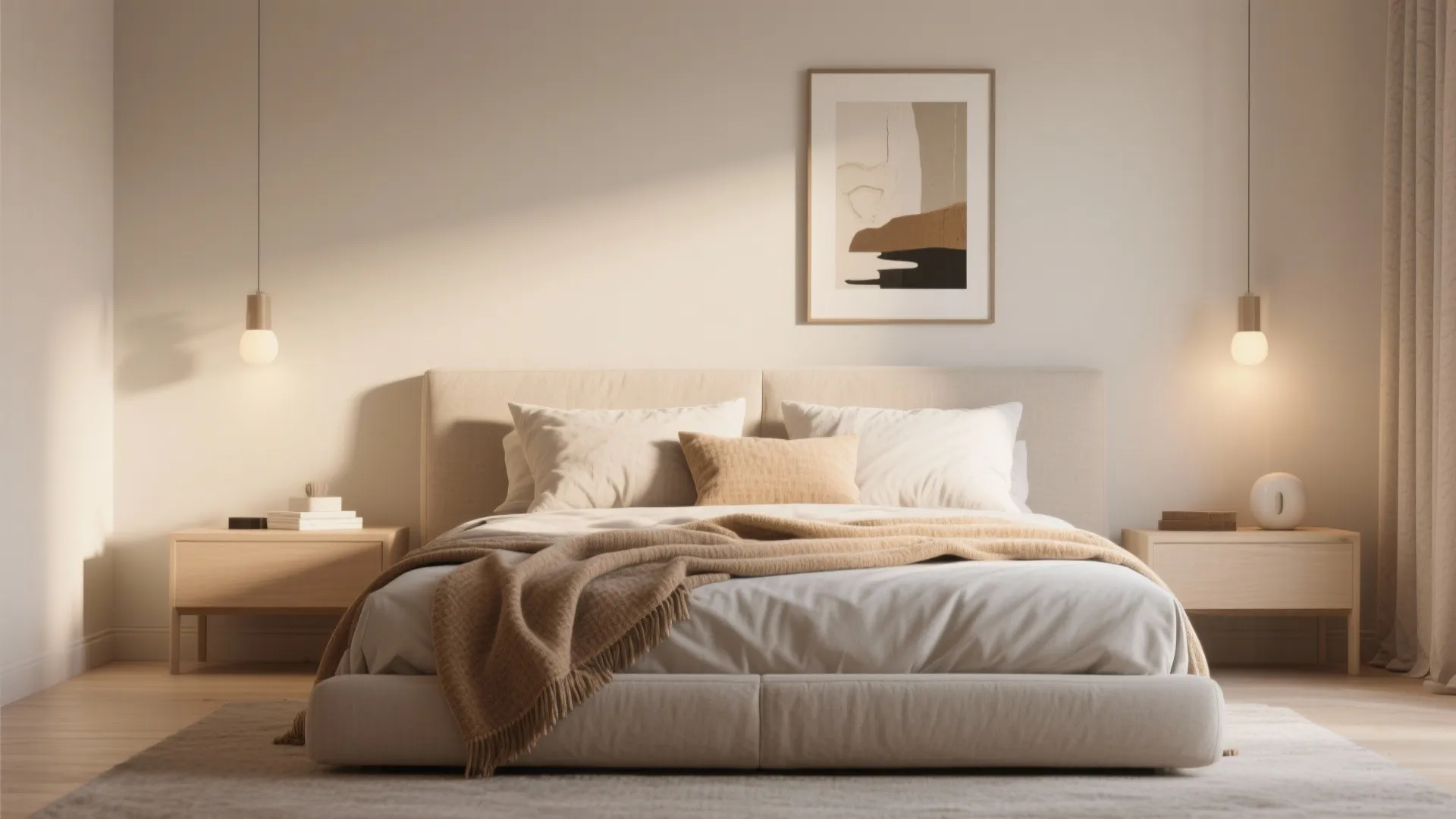 Minimalist beige bedroom featuring a comfortable bed two wooden side tables and warm pendant lights