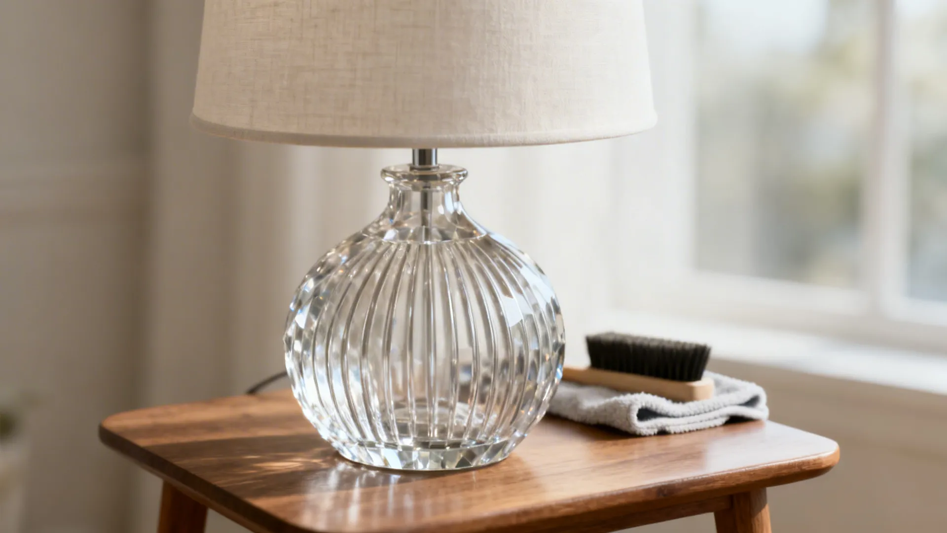 Close-up of a minimal crystal lamp base with a linen shade on a small wooden side table, showing crystal grooves.