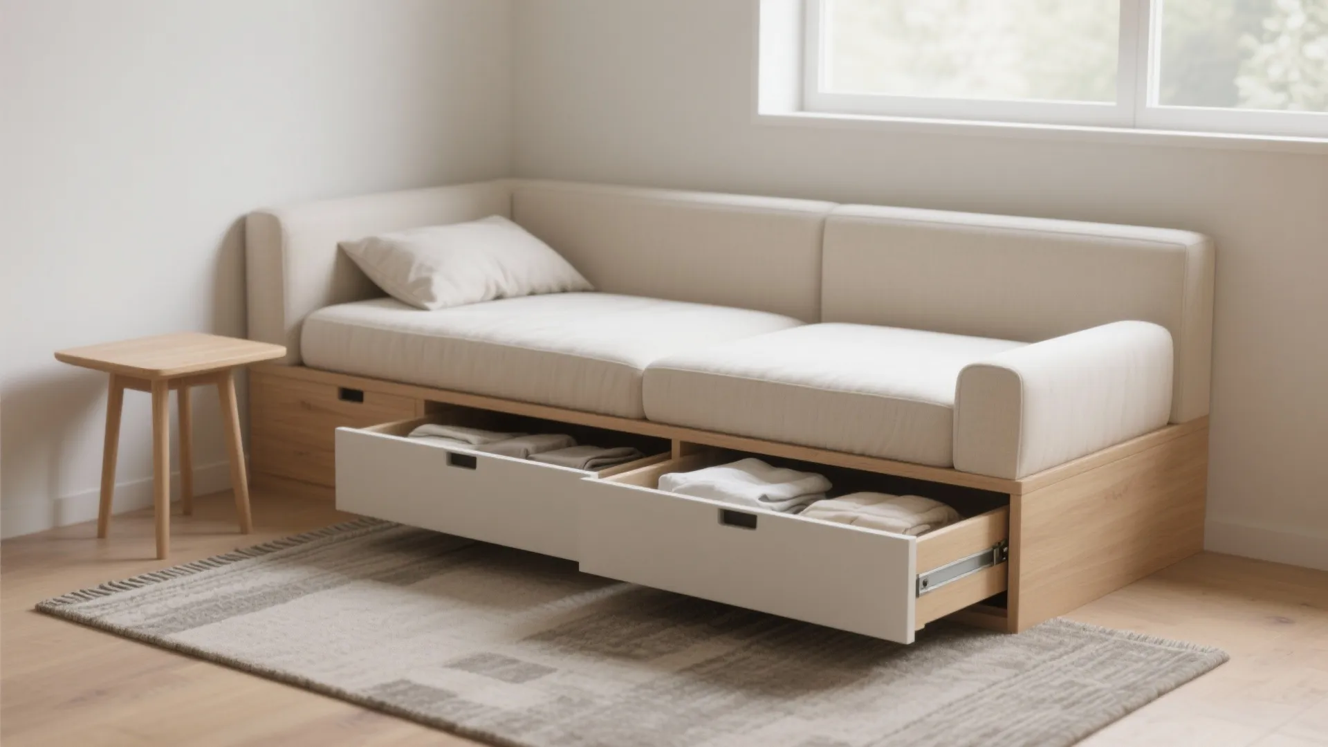 Minimal daybed with hidden under-bed drawers in a light-palette den with clear circulation.