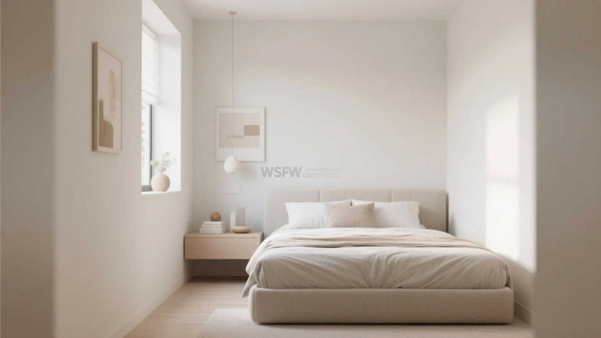Minimalist beige bedroom with a simple bed and wooden nightstand under a small hanging light