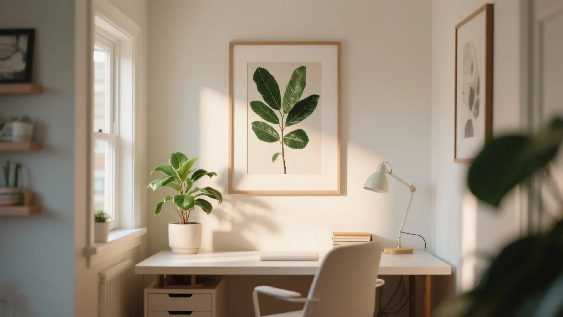 Minimalist home office with white desk, green potted plant, framed leaf art, and desk lamp