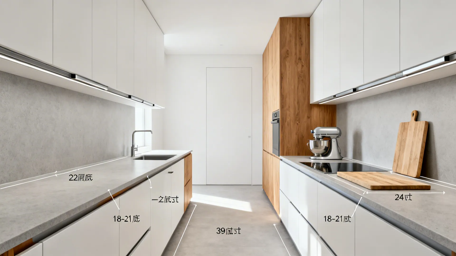 Minimalist galley kitchen with mixed 22 and 24 inch counter depths and clear 39 inch aisle.