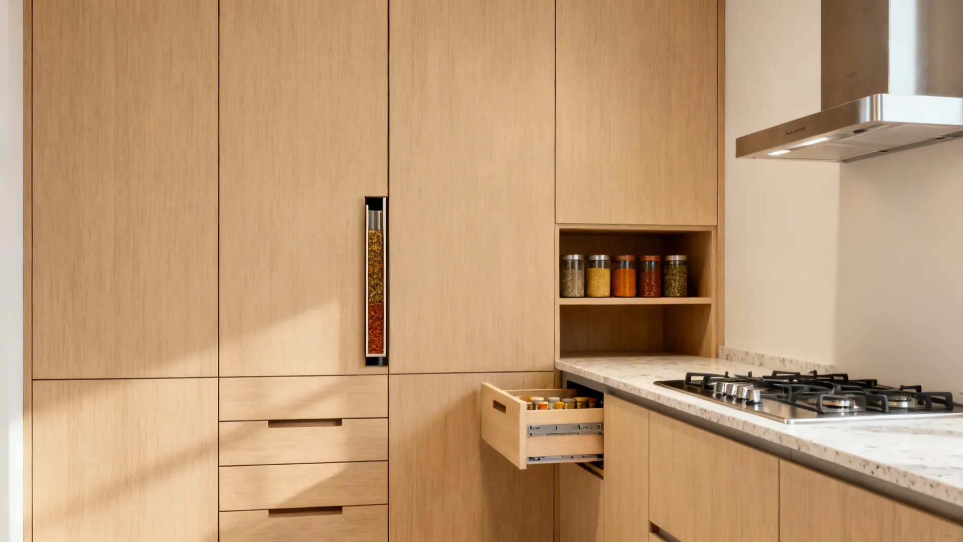 Tall pantry with internal drawers and a slim spice pull-out beside the hob in a compact kitchen.