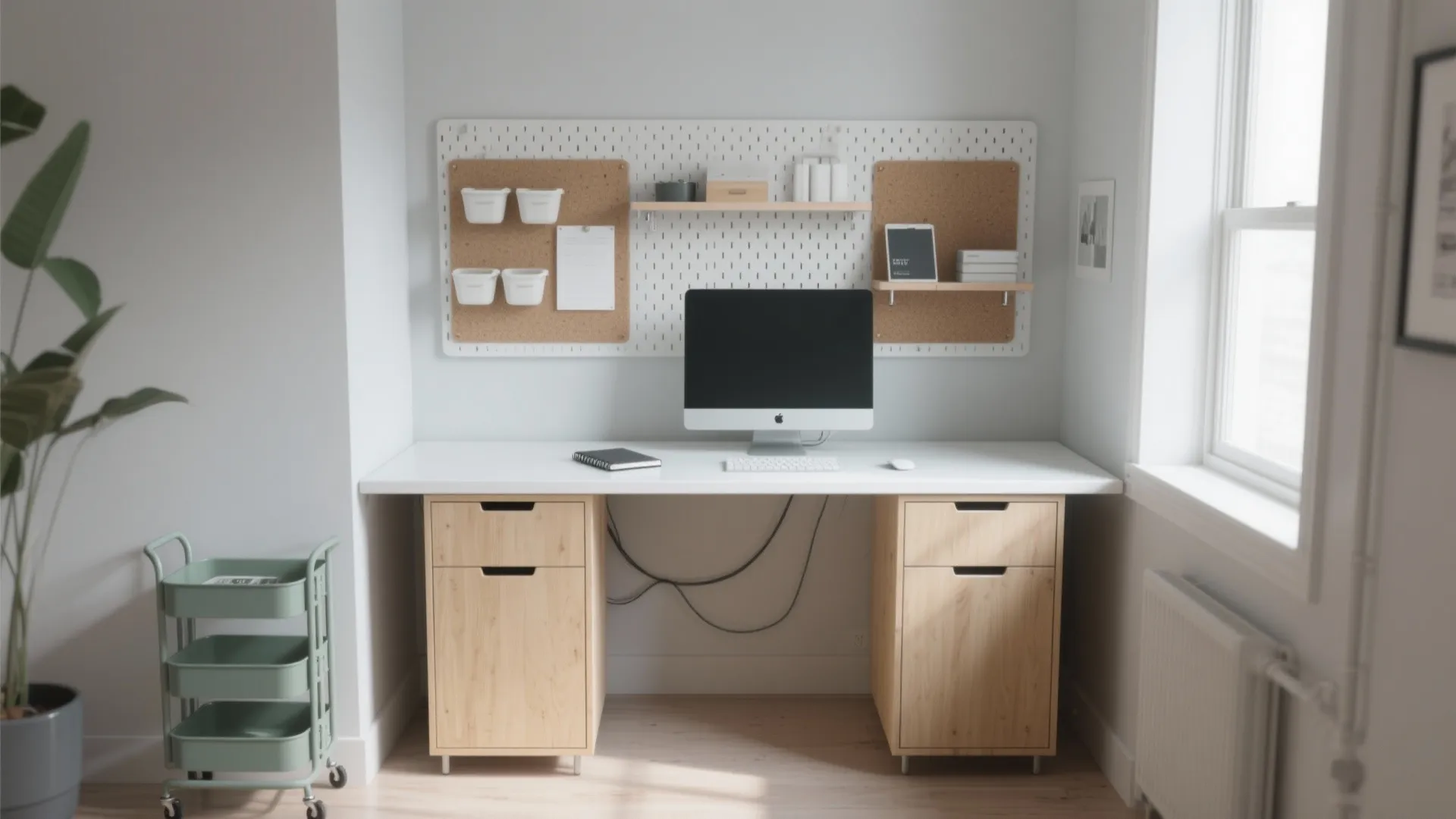 Minimalist desk setup with concealed storage