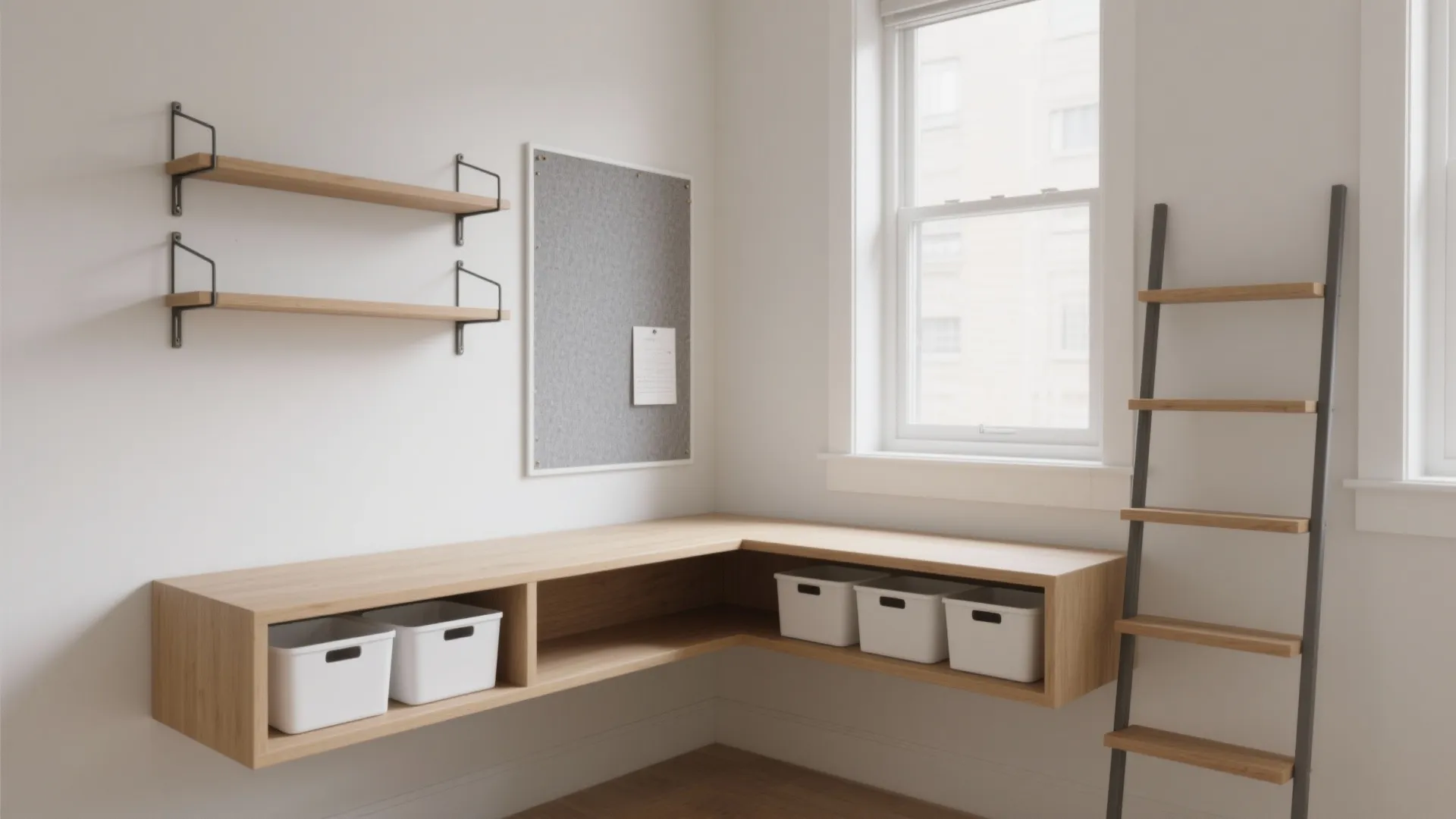 Minimalist corner workspace with wooden floating desk, storage boxes, wall shelves, and a ladder shelf