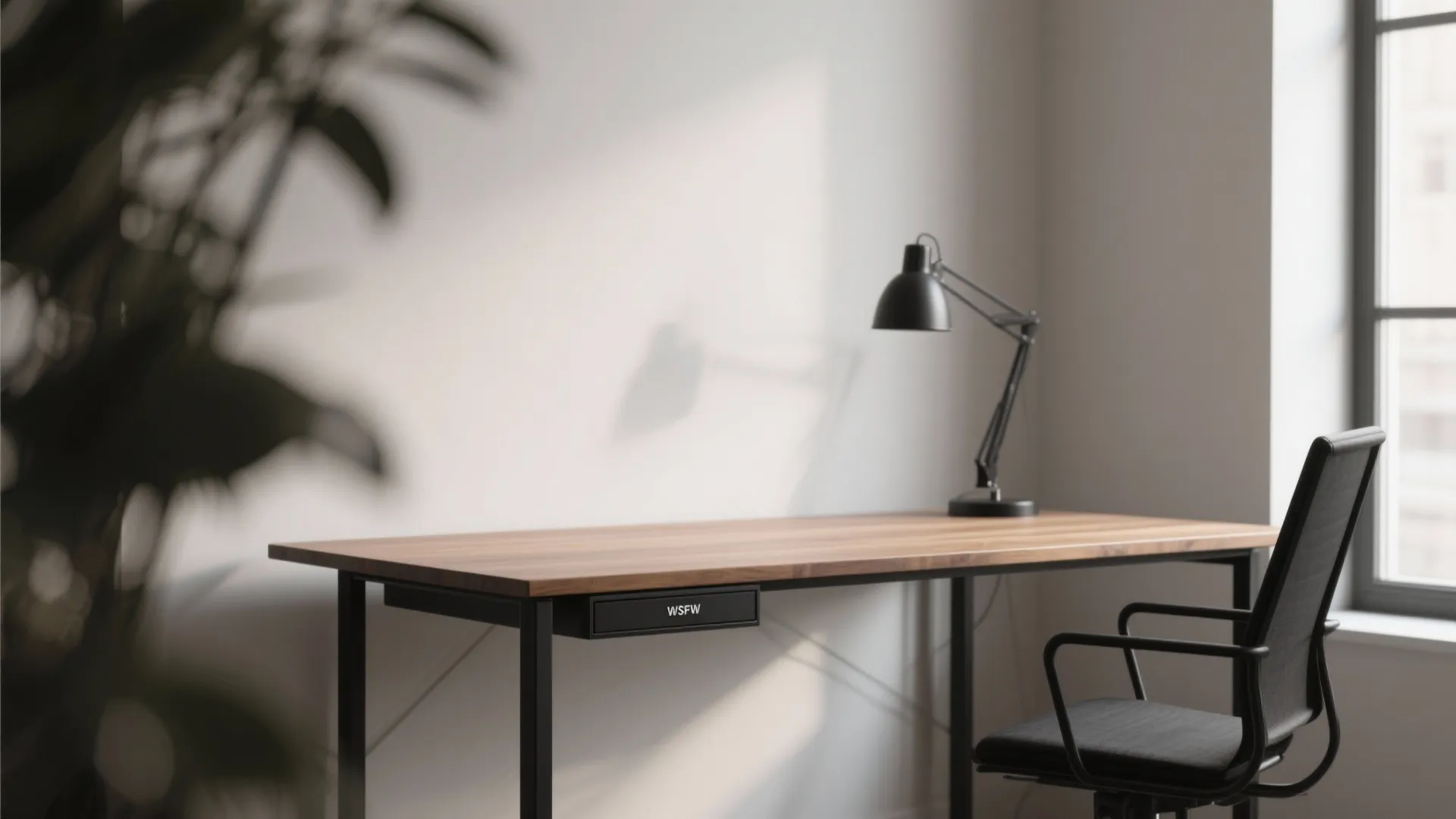 Minimalist masculine desk setup with wood and black frame