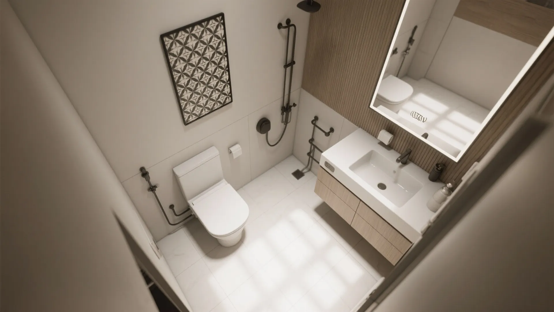 Modern small bathroom layout with white toilet and wood cabinet sink plus black shower heads