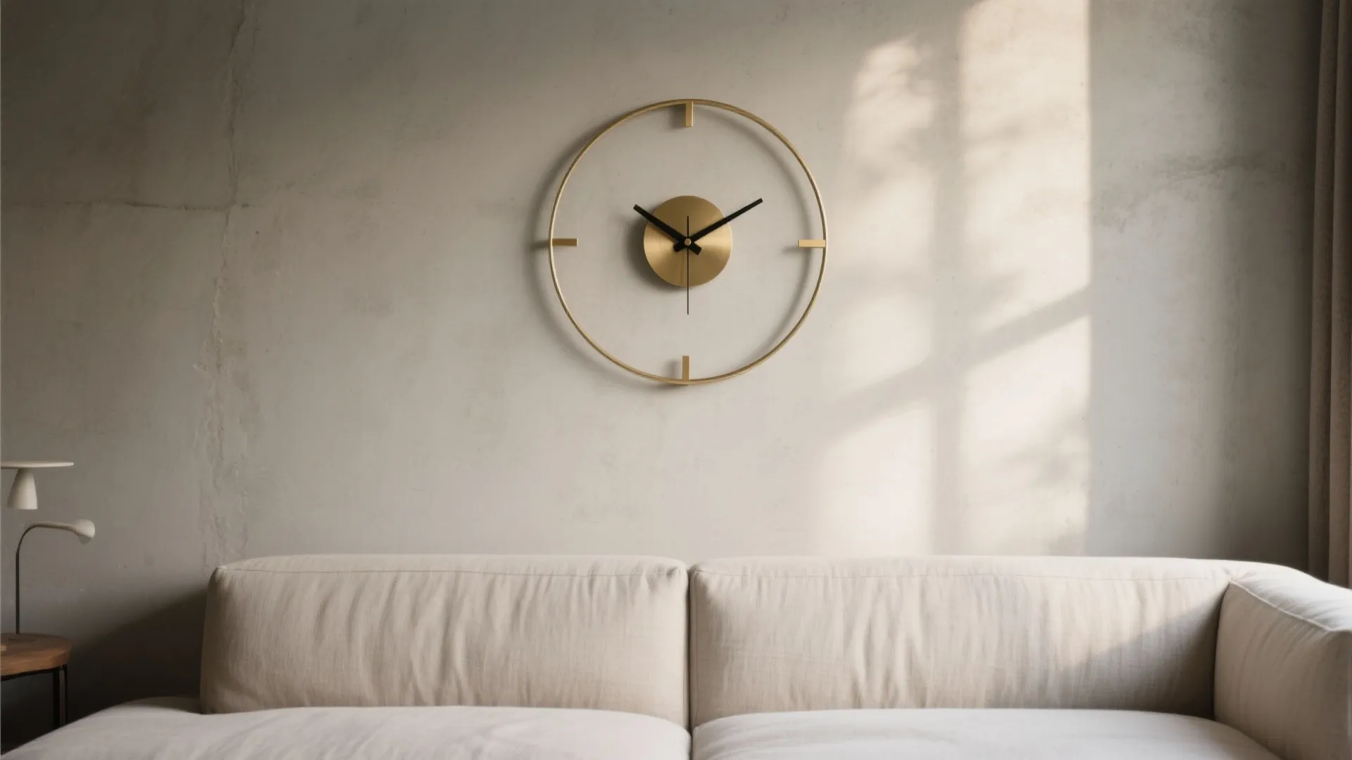 Golden minimalist wall clock hanging above a beige sofa with soft sunlight shadows on wall