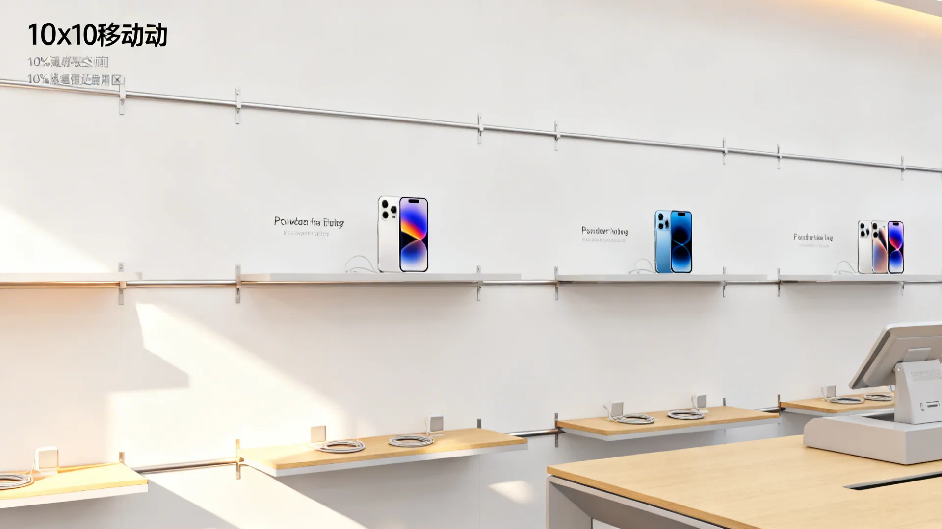 Minimal floating shelves and sparse displays in a 10x10 phone shop for clear sightlines.
