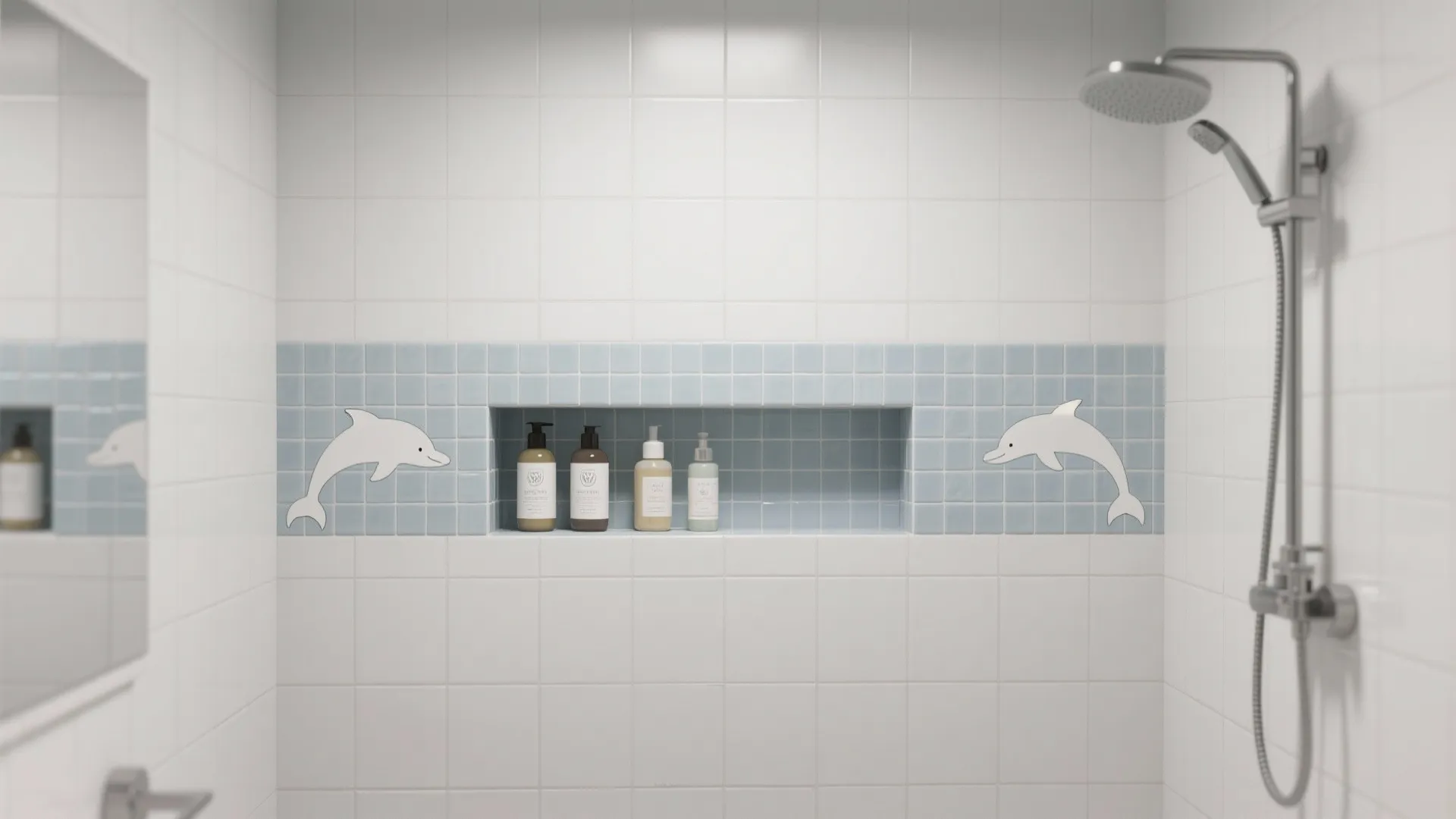 White tiled shower area with wall shelf blue tile strip two dolphin mosaics and showerhead