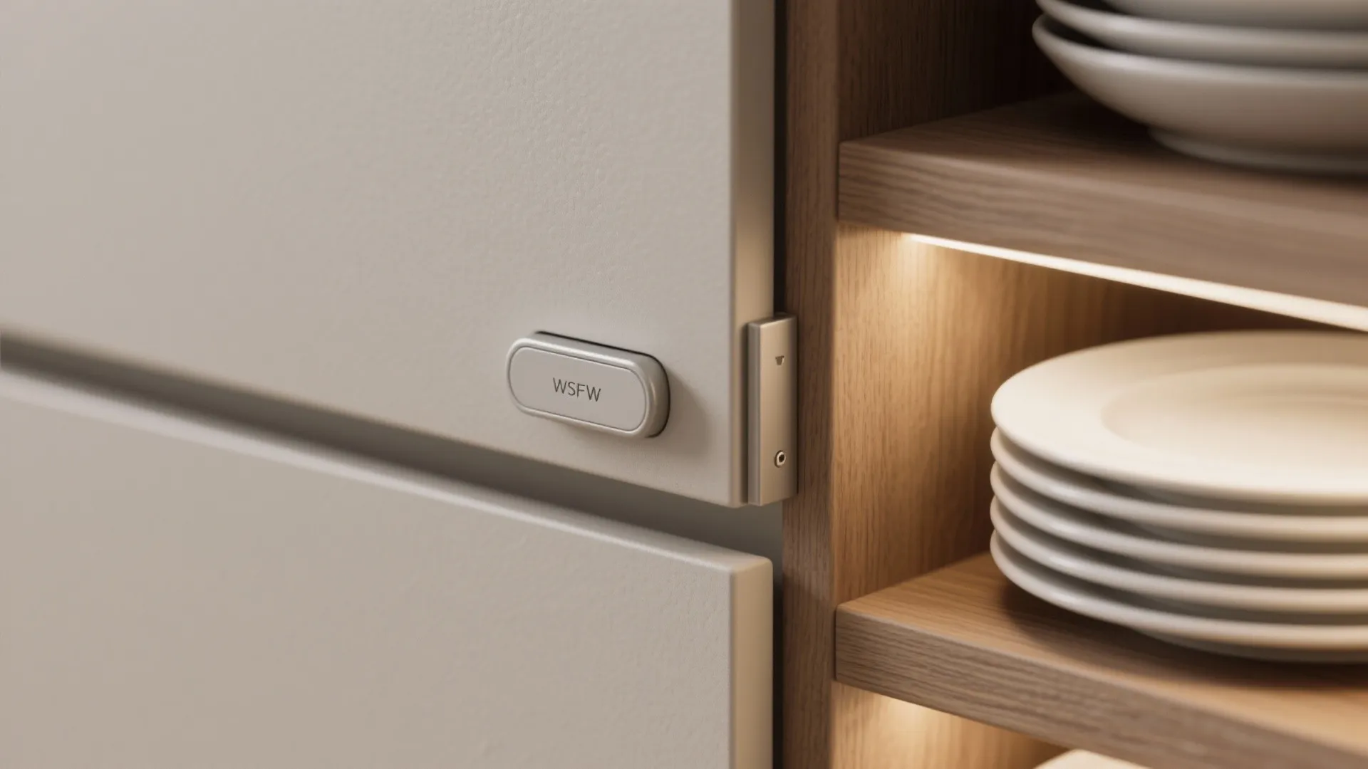 Close up of white cabinet door with button next to wooden shelves holding white plates