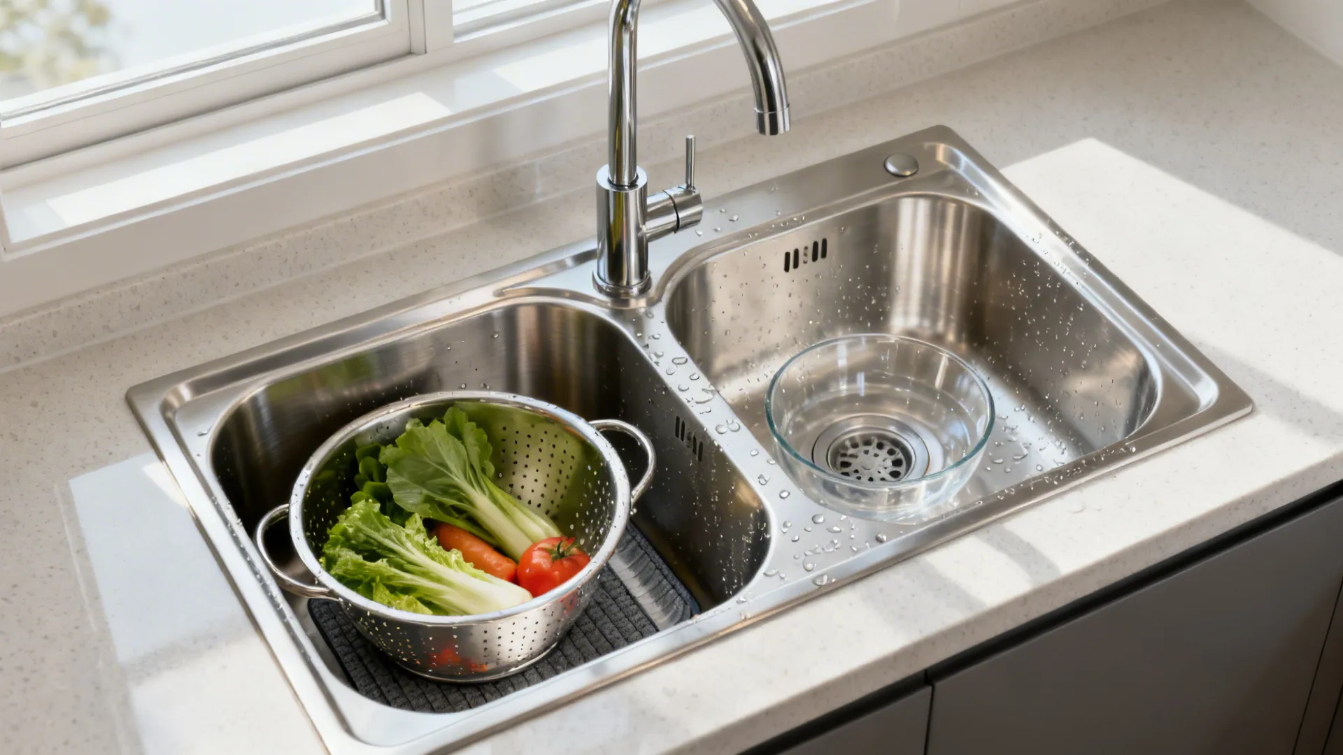 Macro view of a 60/40 stainless double-bowl sink with veggies rinsing in the small basin.