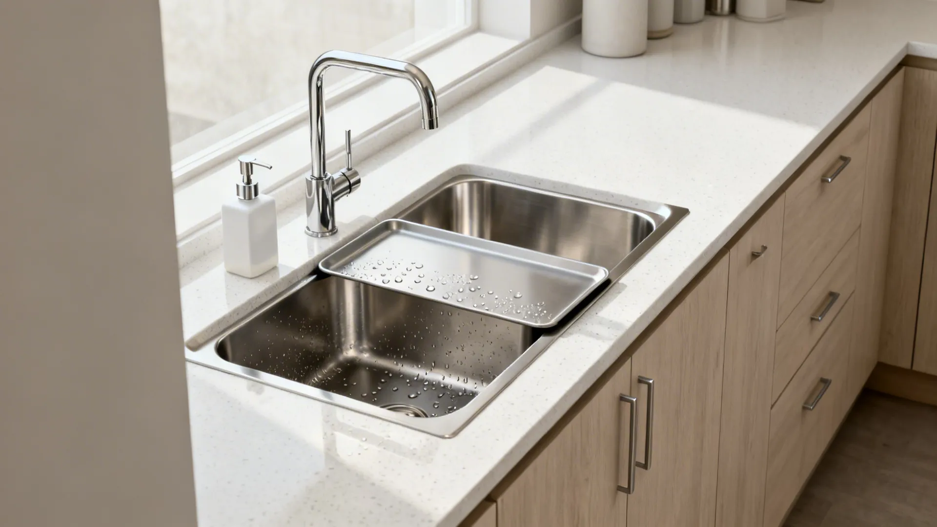 Minimalist galley kitchen with a low-divider double-bowl undermount sink and pull-down faucet.