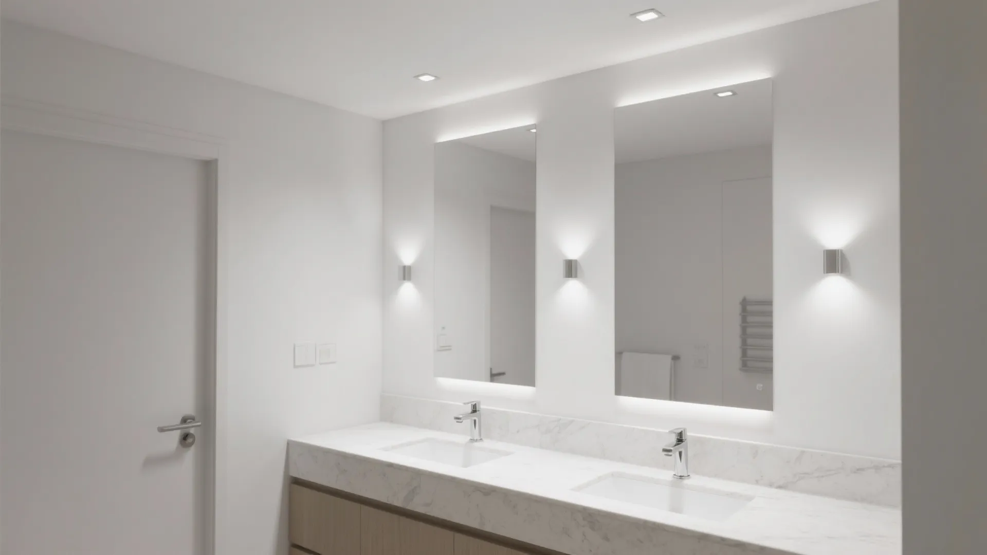 Double sink bathroom vanity with marble counter two backlit mirrors and silver wall light fixtures
