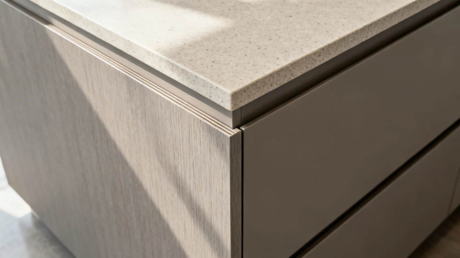 Close up showing a modern kitchen cabinet with wood paneling grey drawer and stone countertop