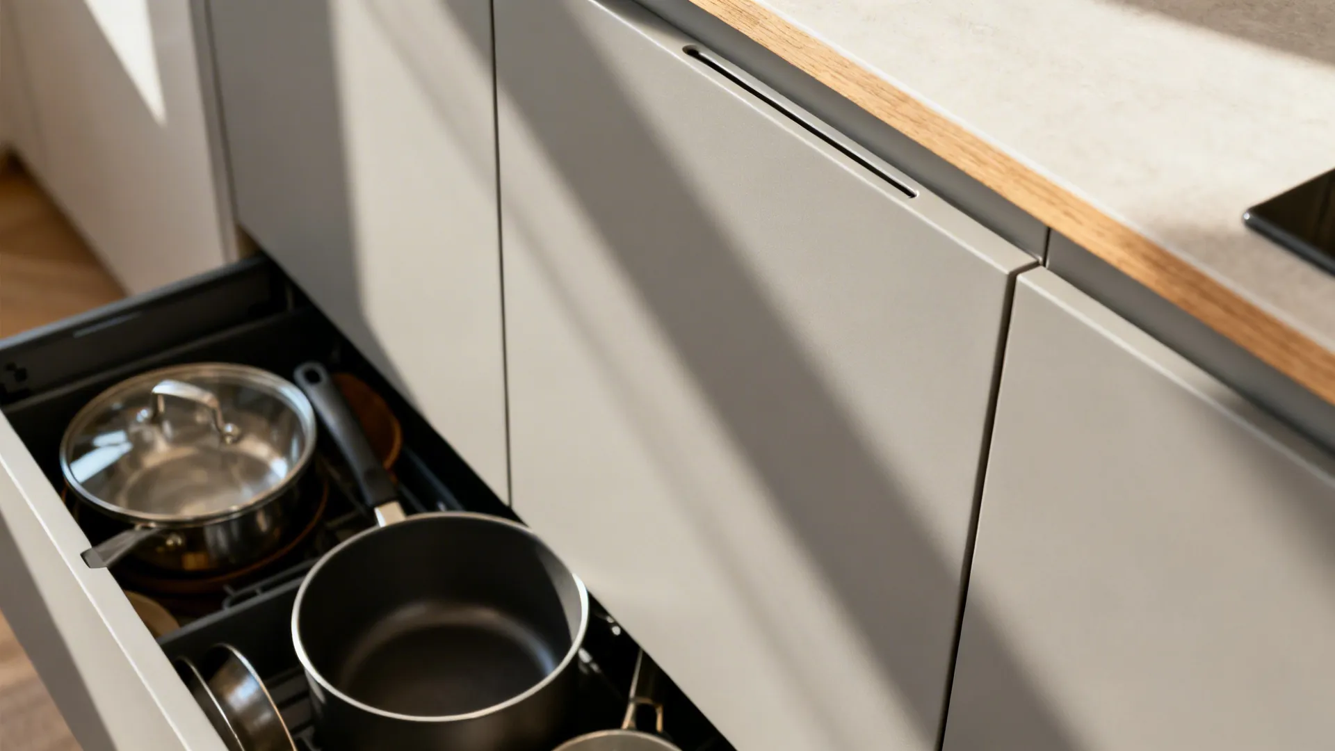 Close-up of a flat-panel kitchen drawer with integrated finger pull and organized cookware.