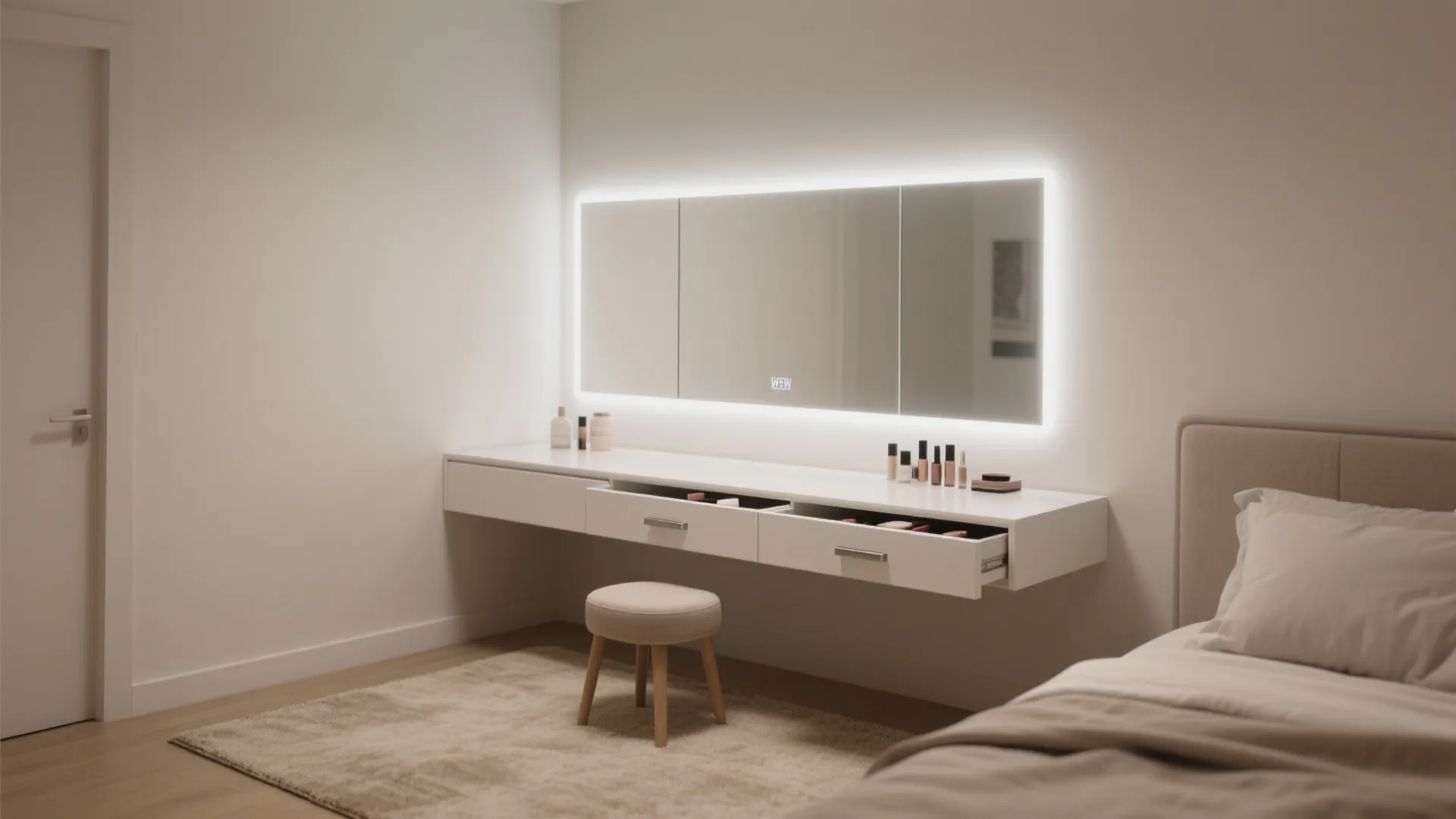 Minimalist drawer vanity with daylight LEDs