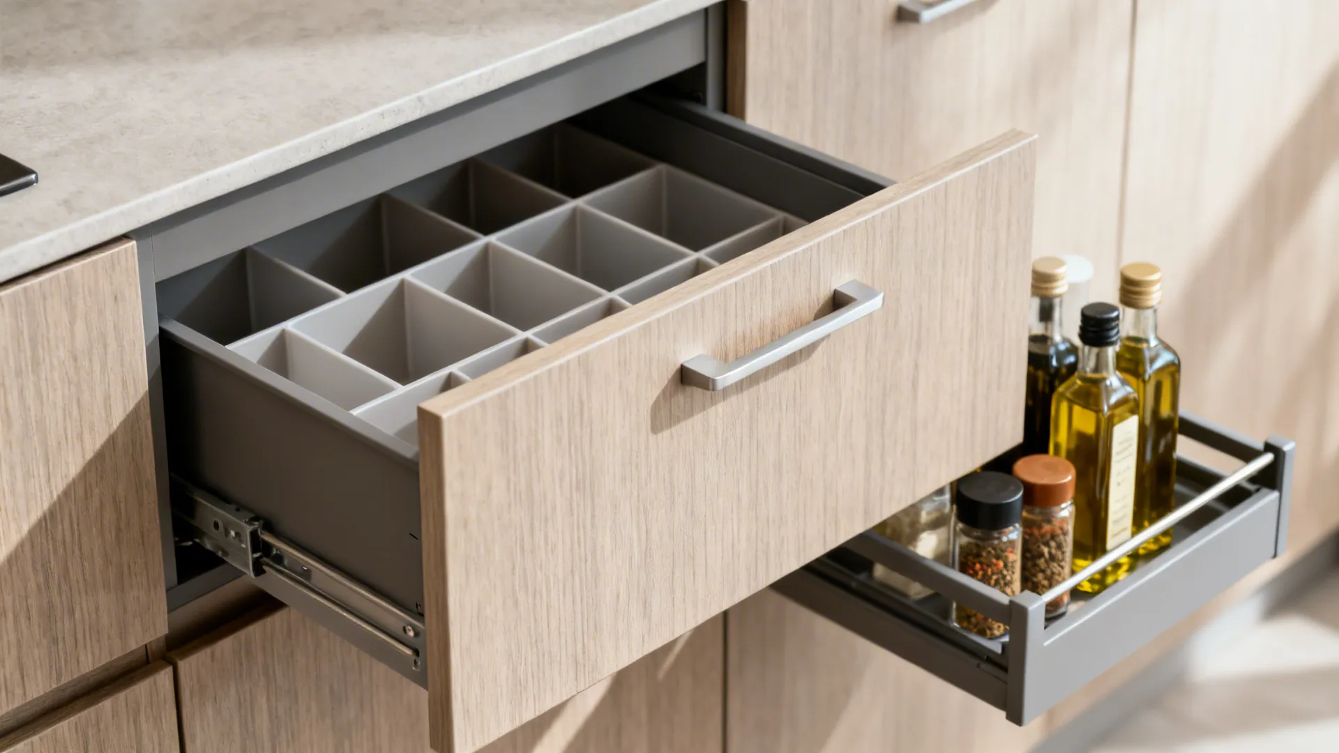 Macro view of matte flat-panel kitchen drawers with dividers and a slim pull-out organizer.