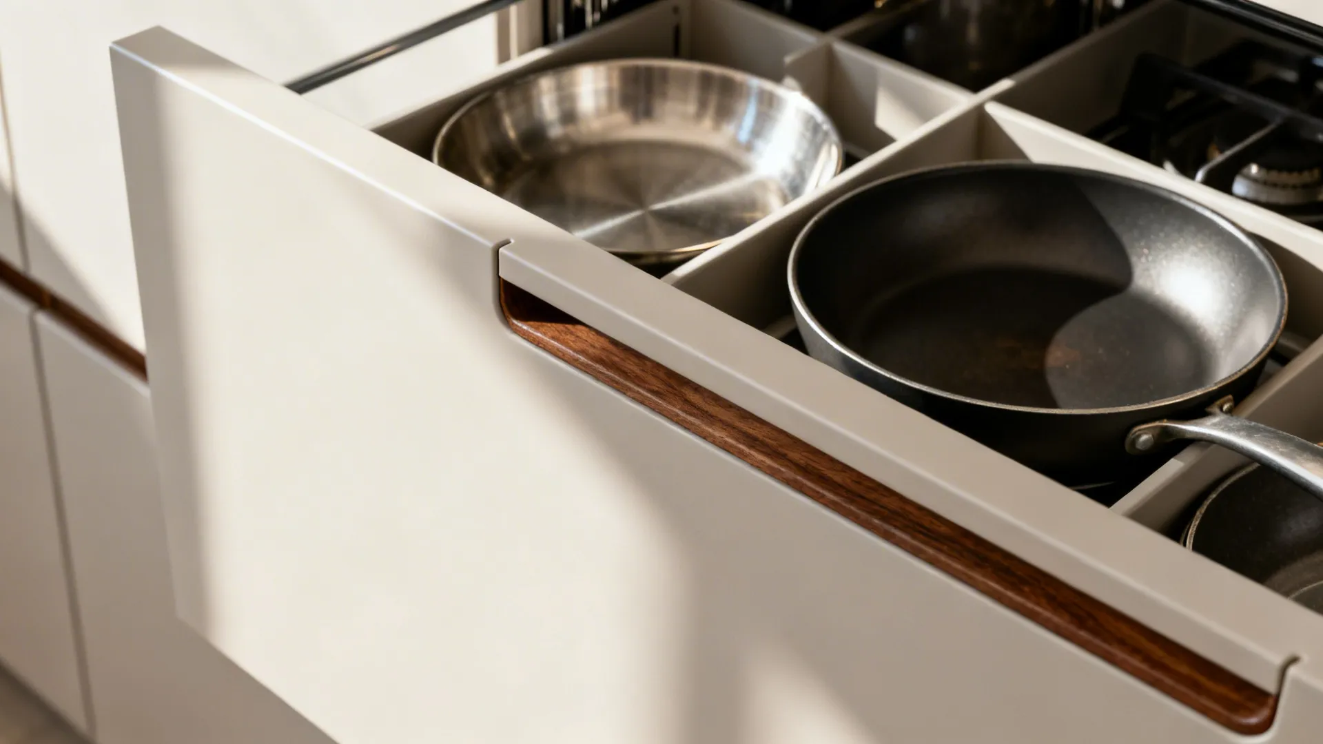 Macro of matte handleless cabinet with integrated pull and organized drawer dividers.