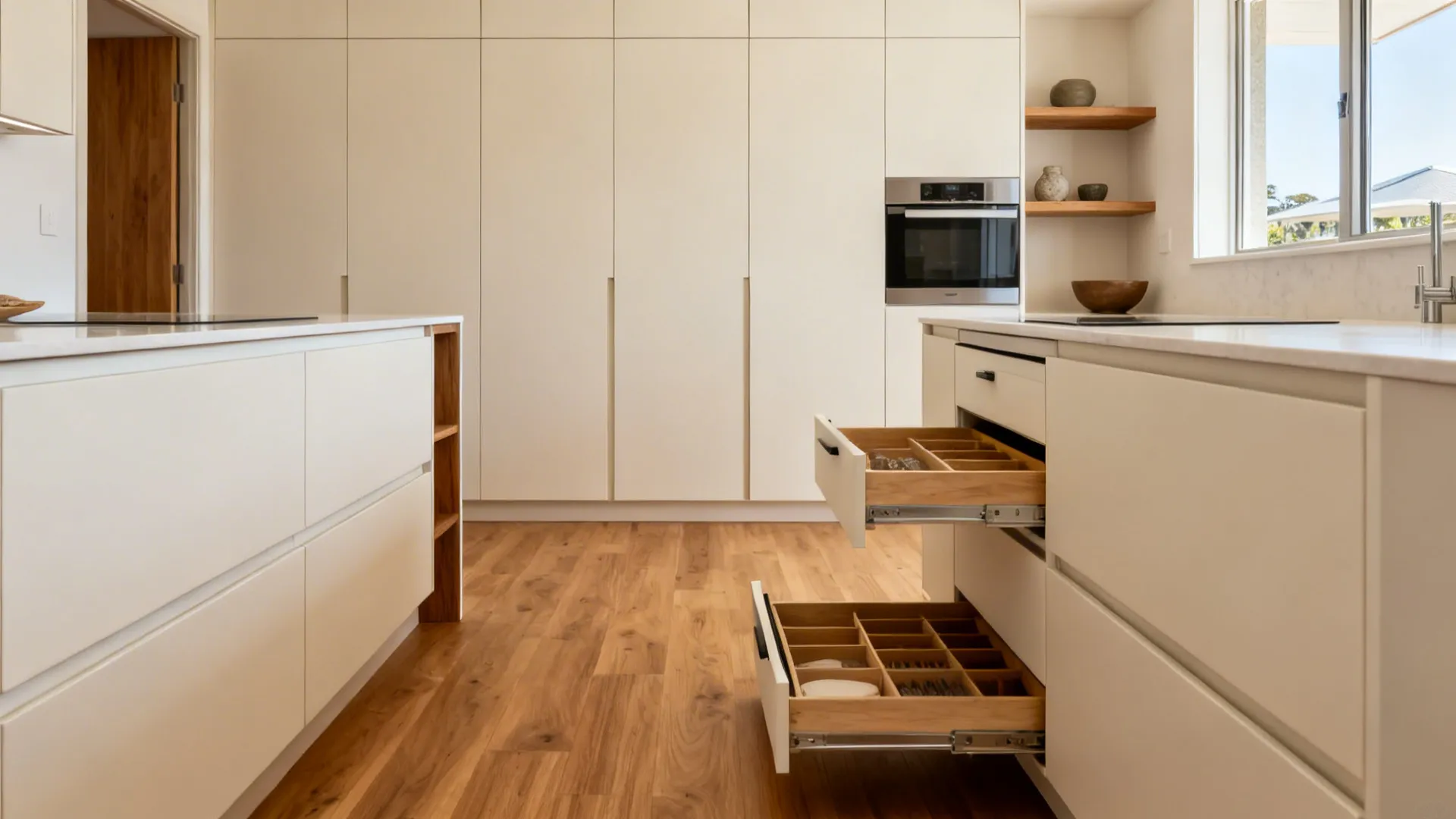 Minimalist NZ kitchen with deep drawers, one open shelf, and clean flat-front cabinetry.